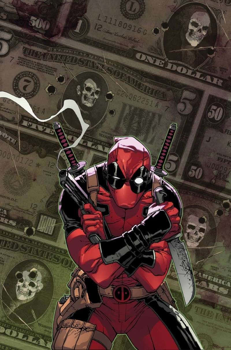 Deadpool Art 桌布 壁紙 — 死侍在一個充滿彈孔、印有骷髏頭像的美元鈔票混亂背景中，挑釁地站立著。