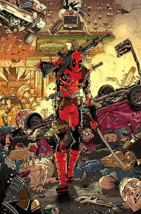 Deadpool Art 桌布 壁紙 — 死侍在一個混亂的垃圾場戰場上勝利地站立，周圍是損毀的汽車和擊敗的敵人。
