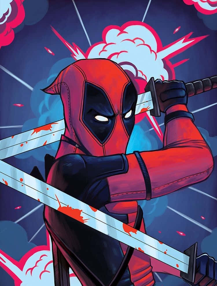 Deadpool Cartoon 桌布 壁紙 — 死侍在充滿爆炸性漫畫風格動作中揮舞兩把劍，搭配鮮豔的紅色和藍色色調。
