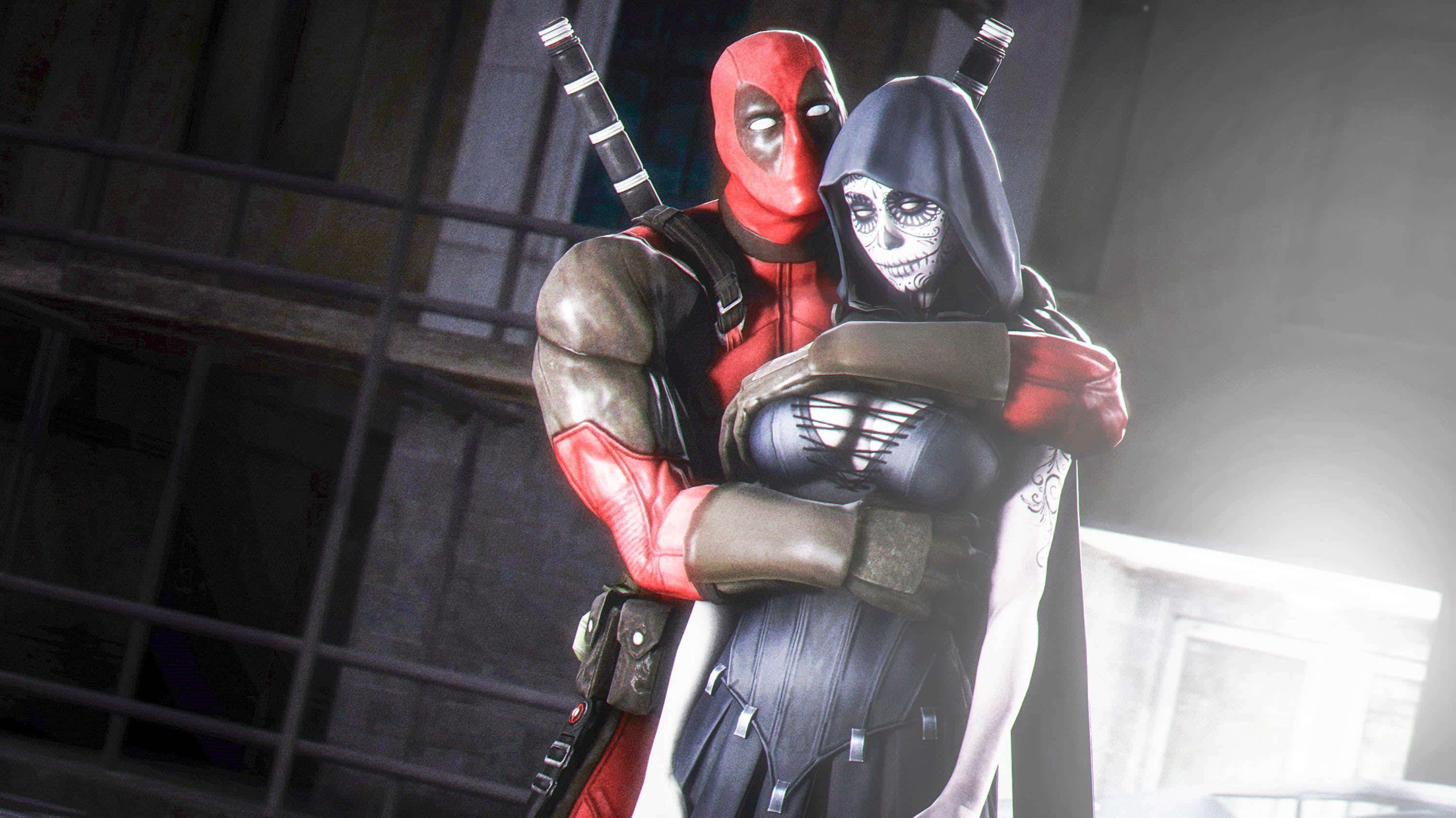 Deadpool 2 桌布 壁紙 — 死侍在光線戲劇性的陰暗城市小巷中擁抱一個戴帽的骷髏角色。