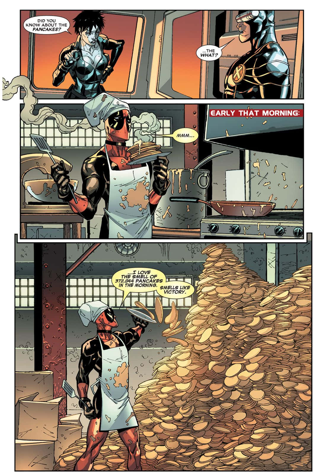 Deadpool And Domino 桌布 壁紙 — 死侍在凌亂的廚房裡自豪地拿著一疊煎餅，旁邊是一堆高聳的金幣。