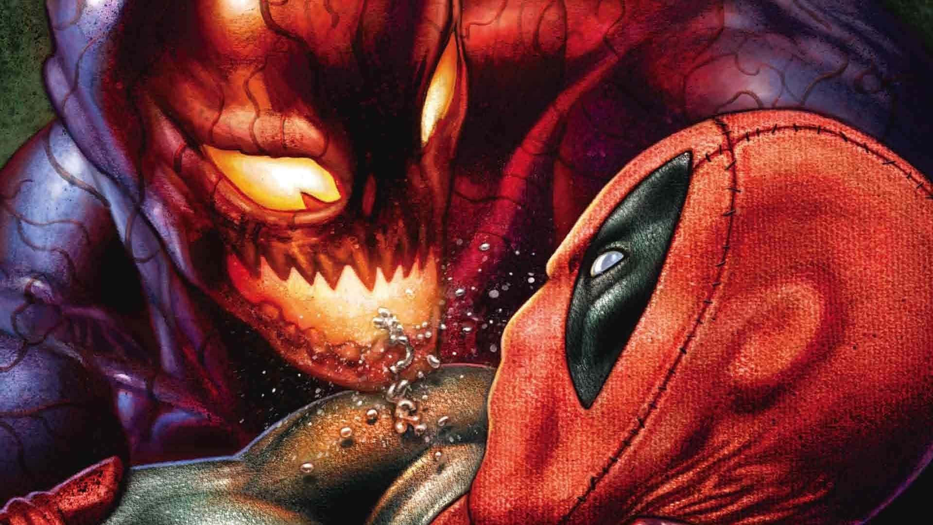 Maximum Carnage 桌布 壁紙 — 死侍在動態漫畫插圖中面對一隻擁有發光黃色眼睛的怪物般紅色生物。