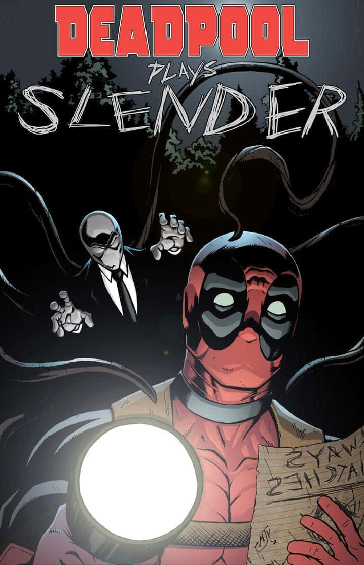 Deadpool Cartoon 桌布 壁紙 — 死侍在夜晚的黑暗森林中手持手電筒和一張紙條，面對一個威脅性的瘦長人。
