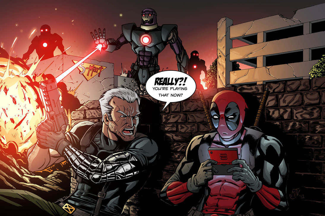 Deadpool And Cable 桌布 壁紙 — 死侍在手機上玩遊戲，而Cable在烈火爆炸中與機器人戰鬥。