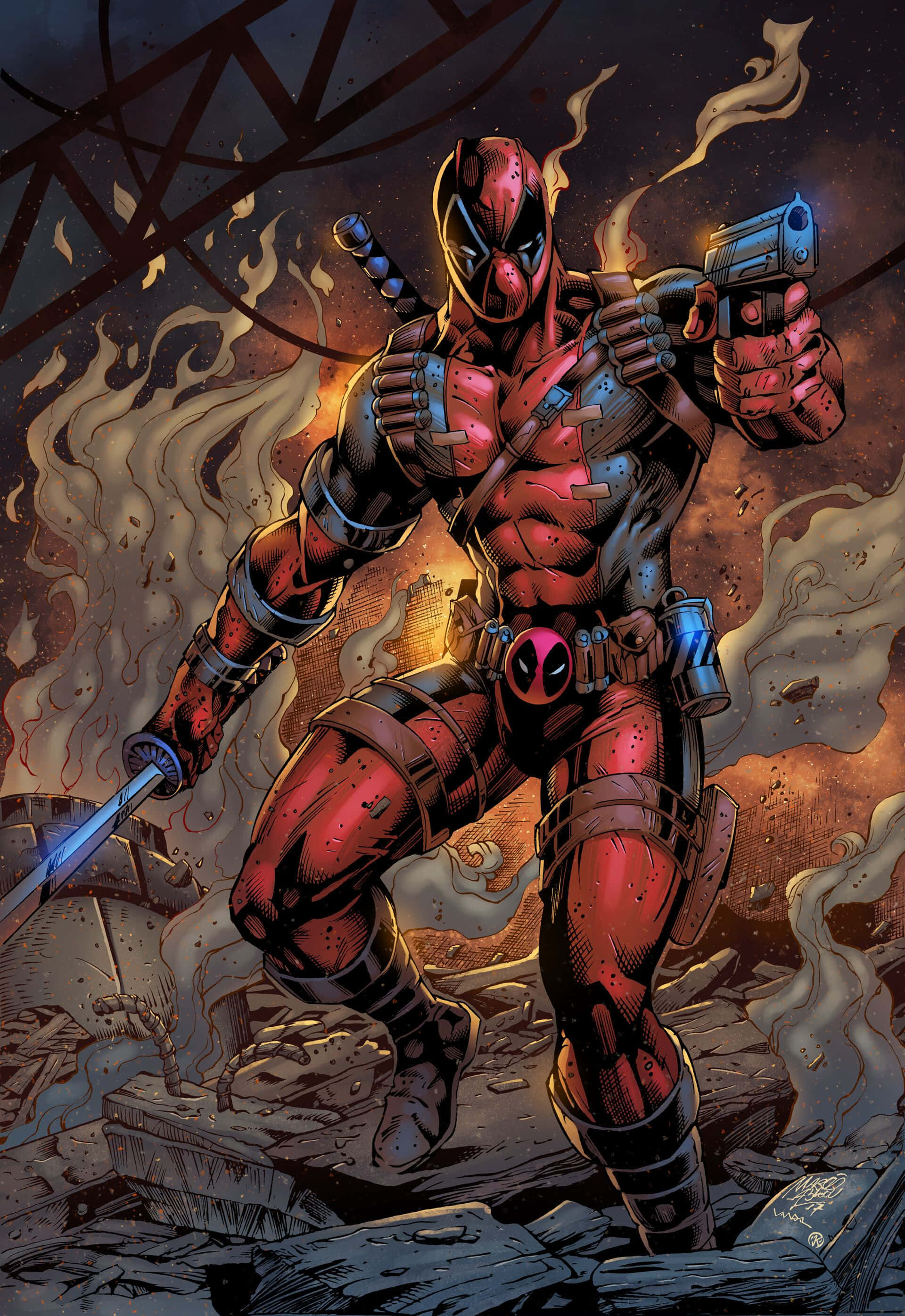 Deadpool Art 桌布 壁紙 — 死侍在煙霧和瓦礫中，手持劍和手槍，站在一場熾熱的戰鬥場景中。