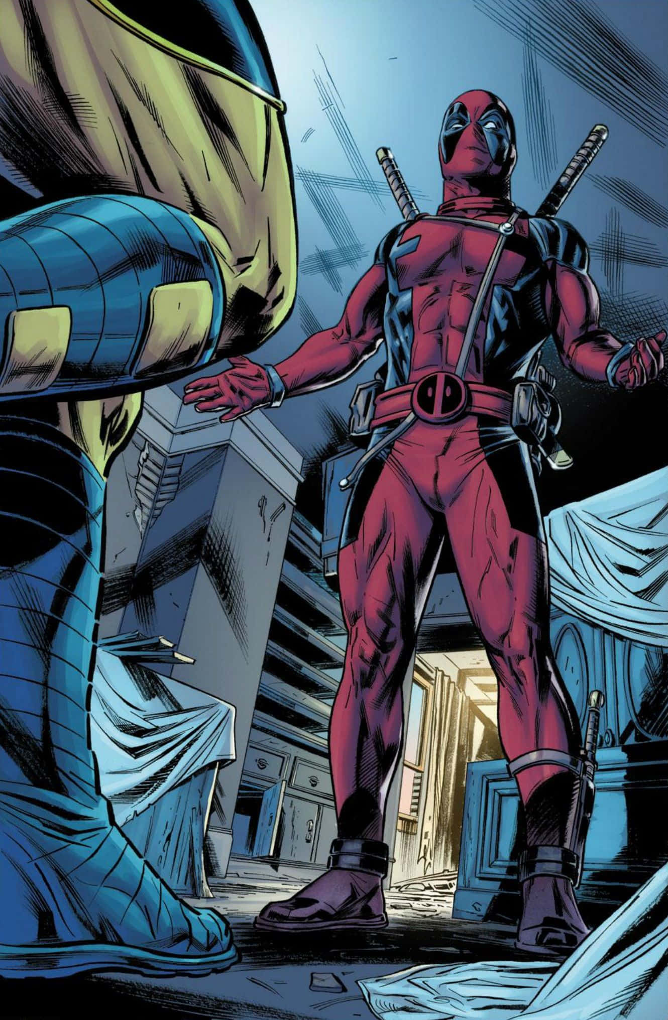Deadpool And Lady Deadpool 桌布 壁紙 — 死侍在破敗的城市小巷中挑釁地站立，他的紅黑戰衣與藍色瓦礫和一個逼近的裝甲人物形成對比。