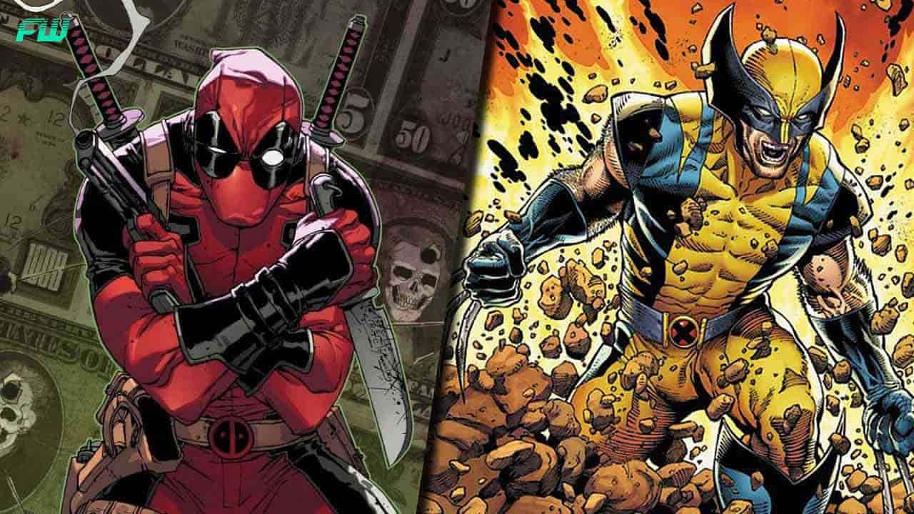 Deadpool And Wolverine 桌布 壁紙 — 死侍在金錢背景前揮舞雙劍，金鋼狼從燃燒的爆炸中破土而出。