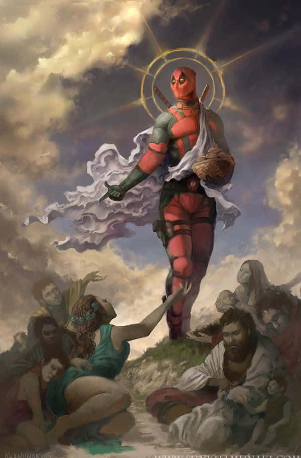 Deadpool Art 桌布 壁紙 — 死侍在風暴雲中散發光環，神聖地站著，崇拜的人物向他伸出手。