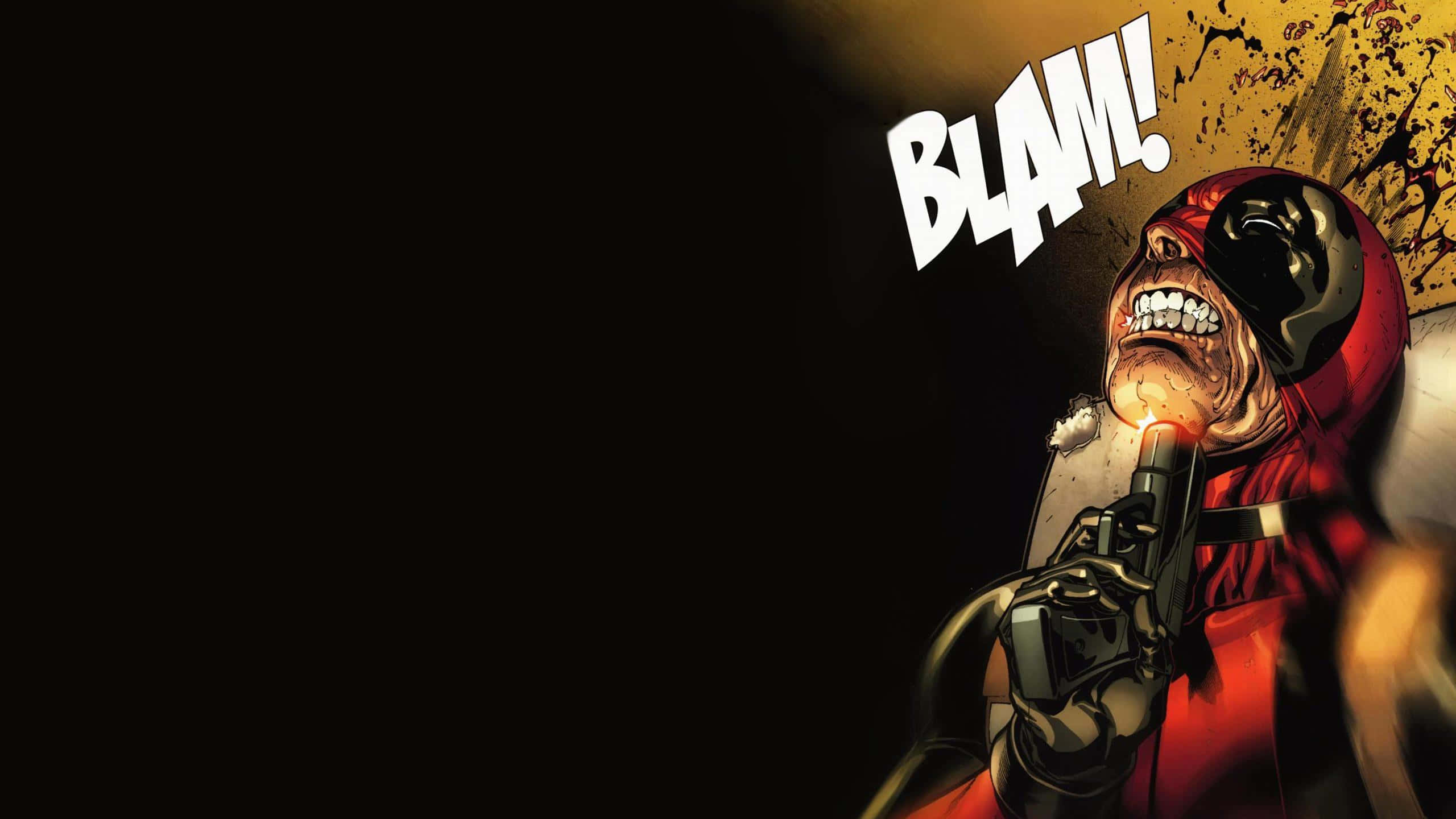 Suicide 桌布 壁紙 — 死侍在黑暗背景前瘋狂咧嘴笑著開槍，身後有「BLAM！」爆炸。