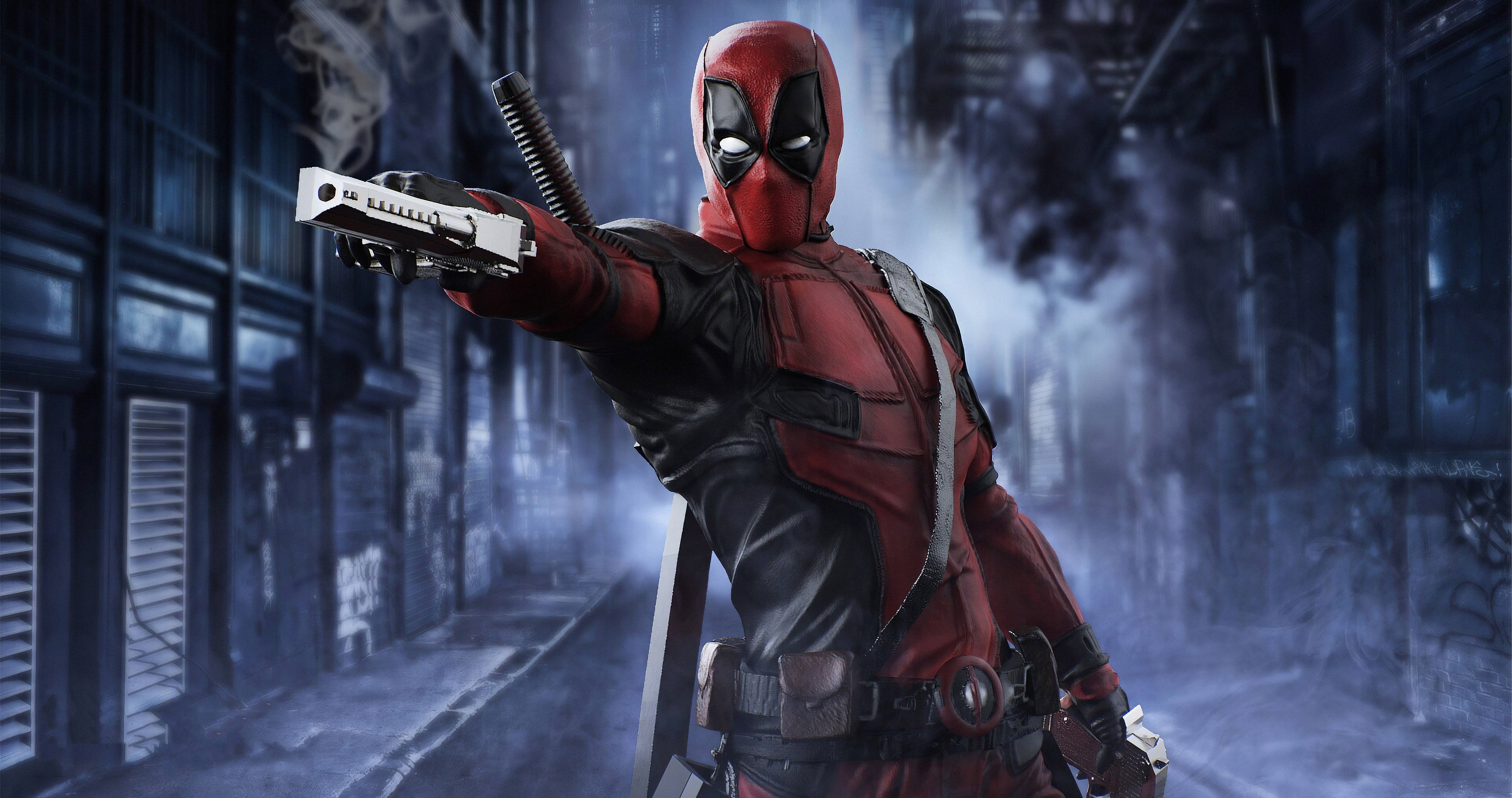 4K deadpool 桌布 壁紙 — 死侍夜晚站在煙霧瀰漫的城市後巷，自信地微笑著瞄準一把手槍。