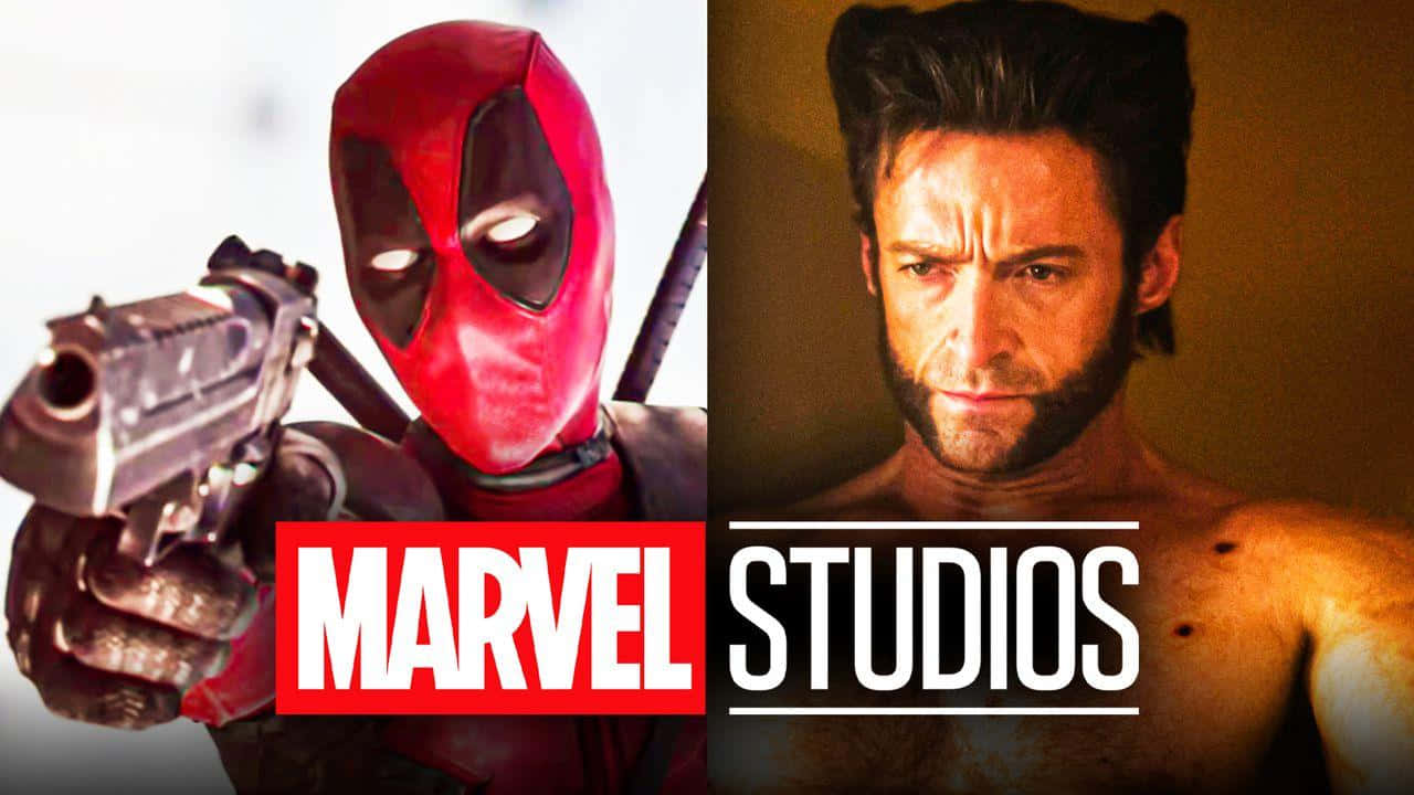 Deadpool And Wolverine 桌布 壁紙 — 死侍戴紅色面具持槍與金鋼狼（Wolverine）眼神銳利並排的圖像，下方有Marvel Studios標誌。
