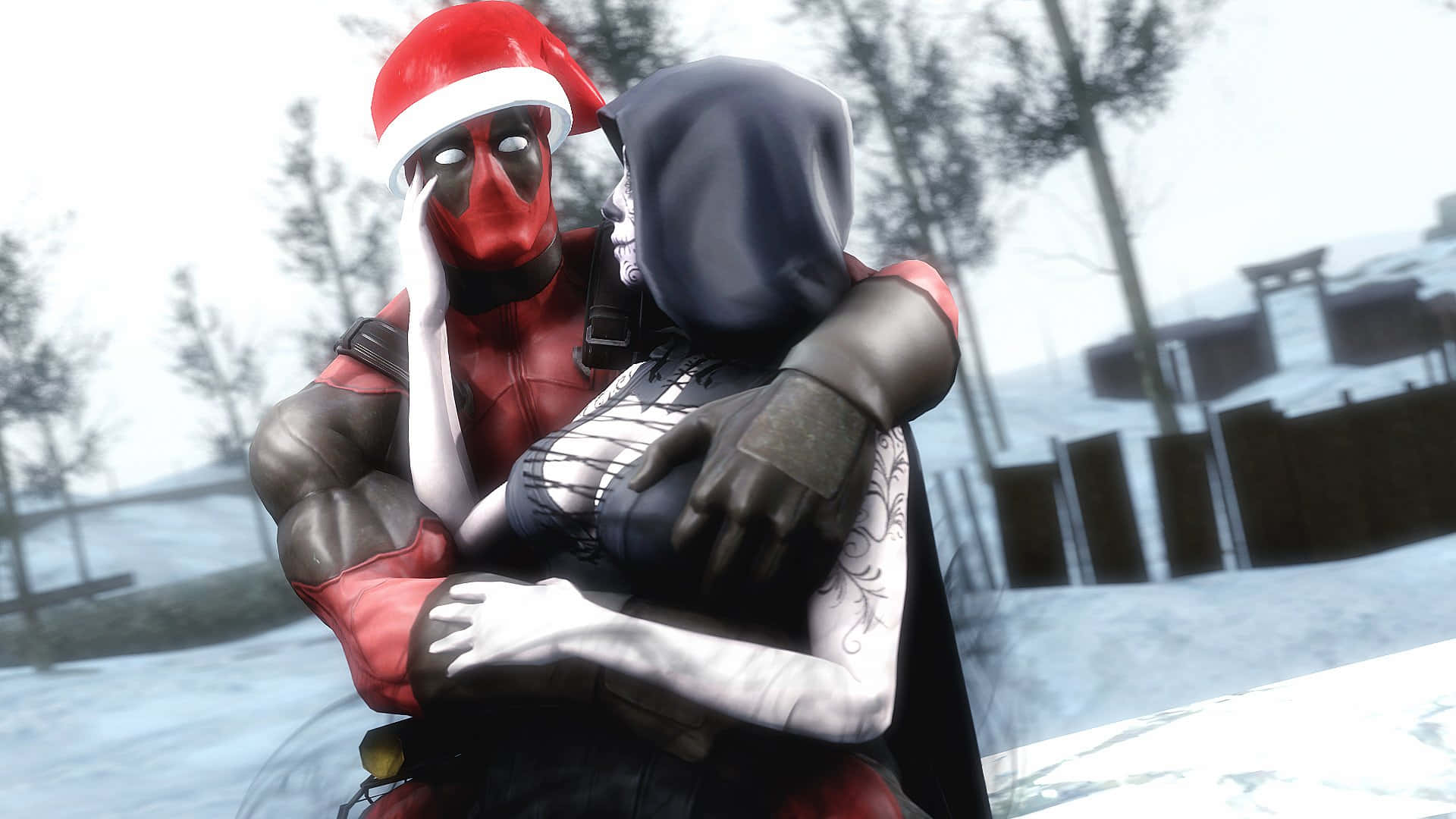 Marvel Christmas 桌布 壁紙 — 死侍戴著紅色聖誕帽，在雪景戶外場景中擁抱一個戴帽子的女人，背景有光禿禿的樹和籬笆。