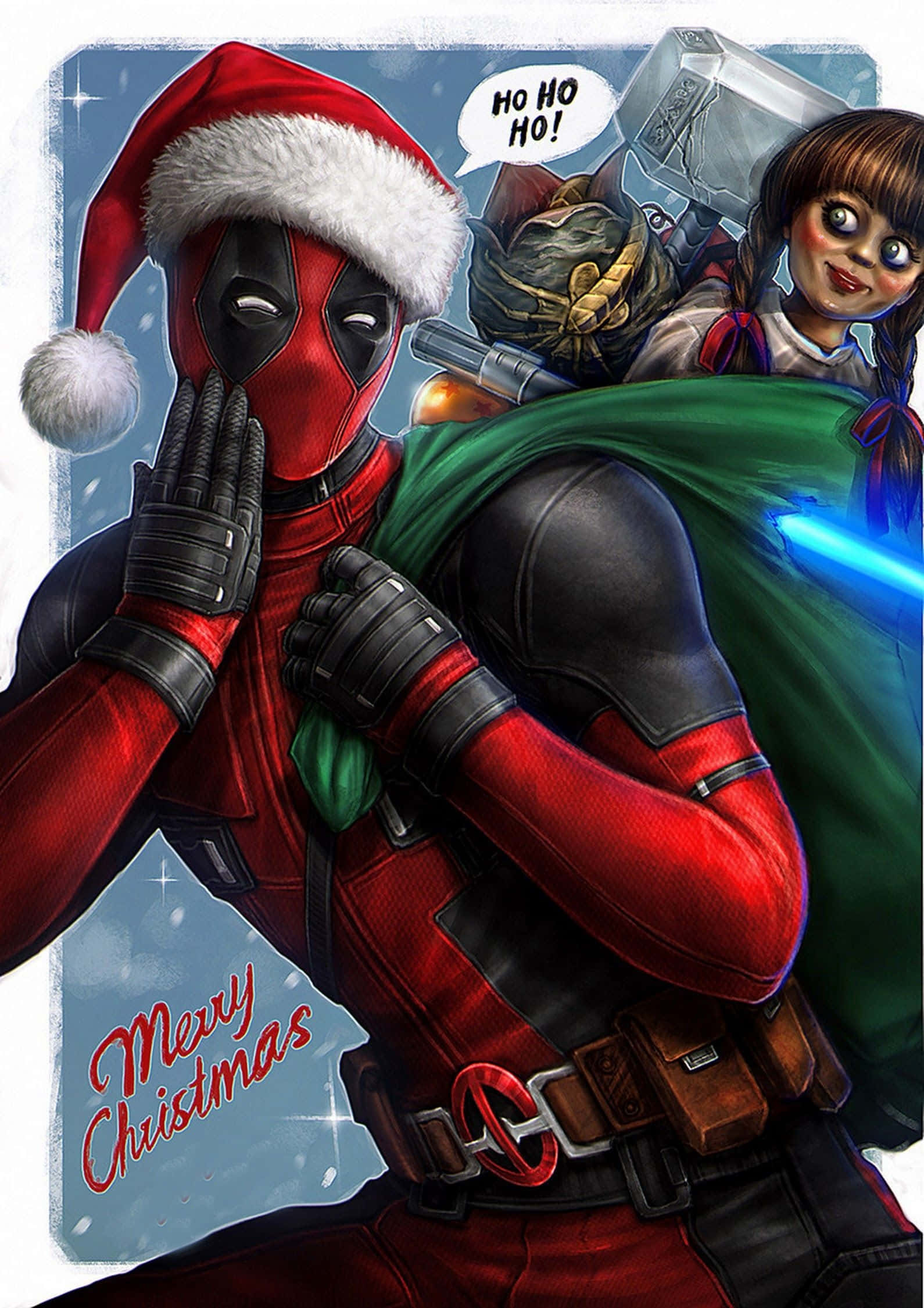 Marvel Christmas 桌布 壁紙 — 死侍戴著紅色聖誕帽，披著綠色斗篷大笑，而一個女孩拿著鎚子和發光劍，在雪景背景下大叫ho ho ho。