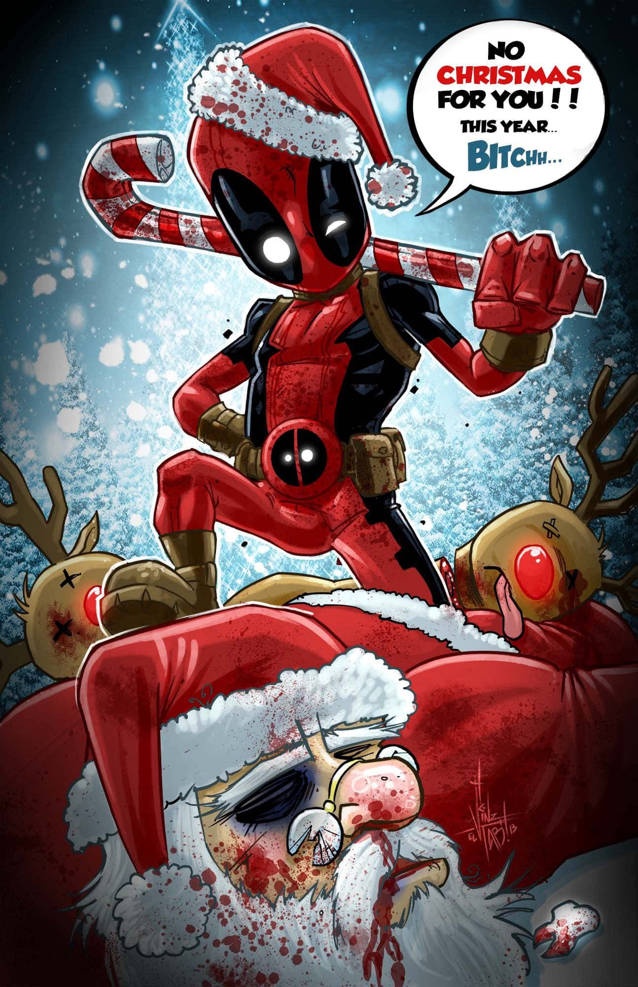 Marvel Christmas 桌布 壁紙 — 死侍戴著聖誕帽，在雪景中揮舞拐杖糖，站在血跡斑斑的聖誕老人上方。