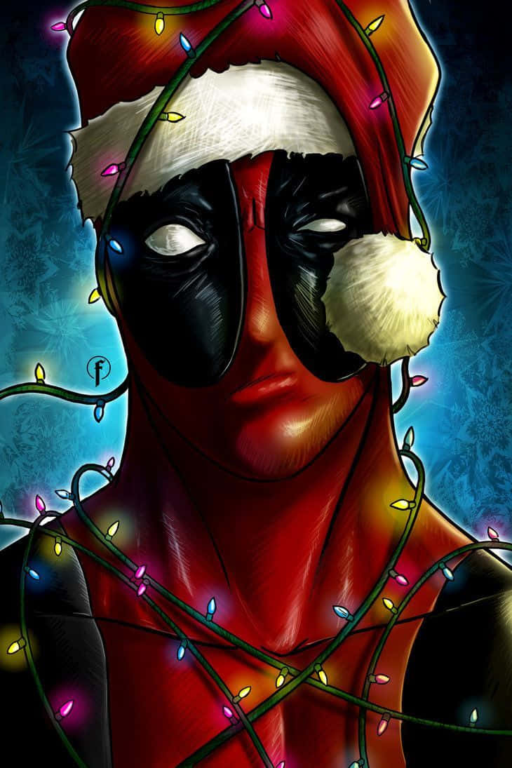 Marvel Aesthetic 桌布 壁紙 — 死侍戴著聖誕帽，纏繞在五彩繽紛的聖誕燈飾中，背景是冰冷的藍色。