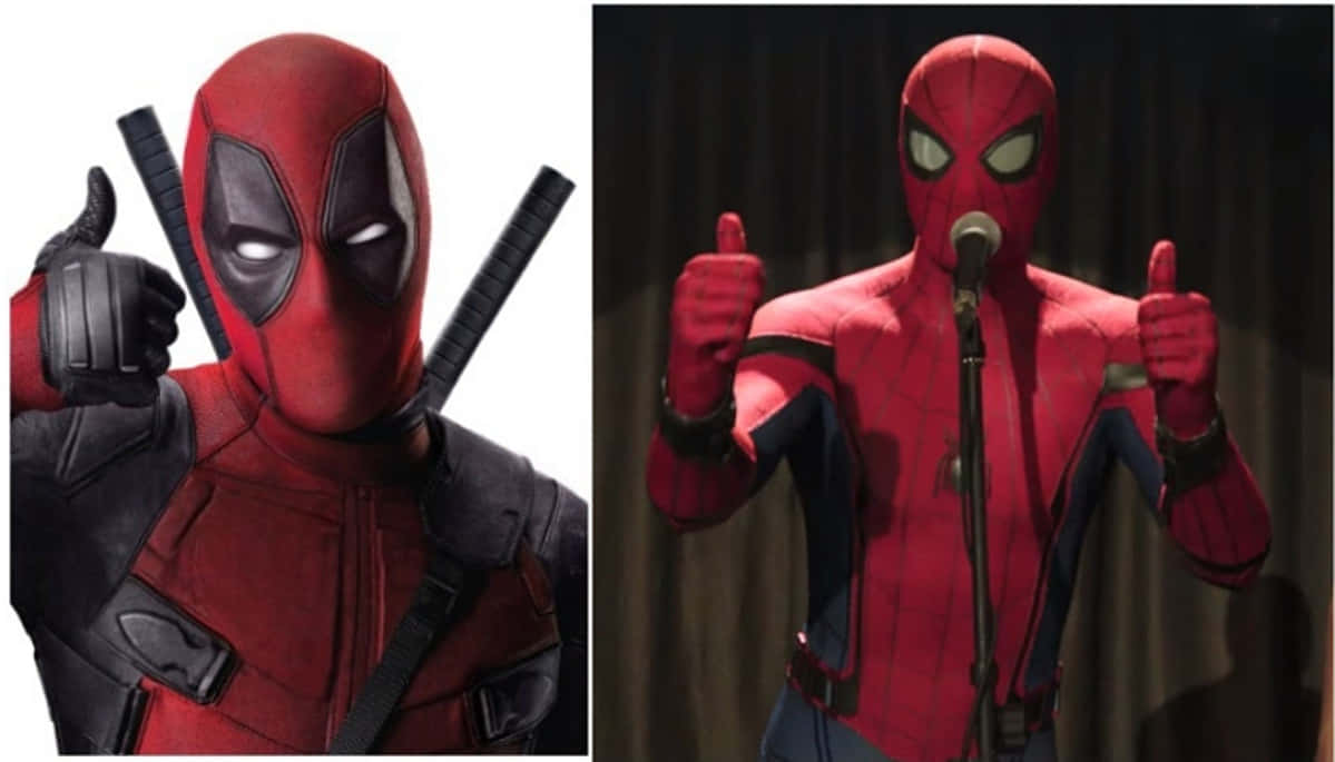 Deadpool And Spiderman 桌布 壁紙 — 死侍手持武士刀豎起拇指，蜘蛛人在麥克風前豎起雙拇指的分割圖片。