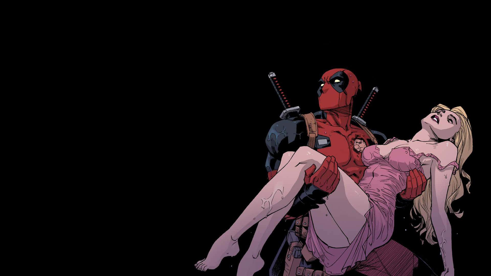 Deadpool And Vanessa 桌布 壁紙 — 死侍抱著一位穿著粉紅色連衣裙的金髮女子，背景是純黑色。