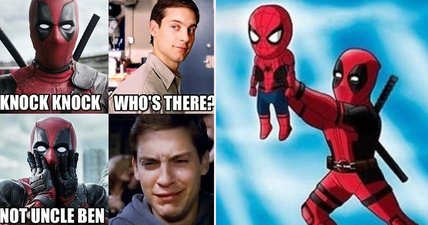 Deadpool And Spiderman 桌布 壁紙 — 死侍抱著一個小蜘蛛人，而一個迷因面板顯示他在說not uncle ben後敲門哭泣。