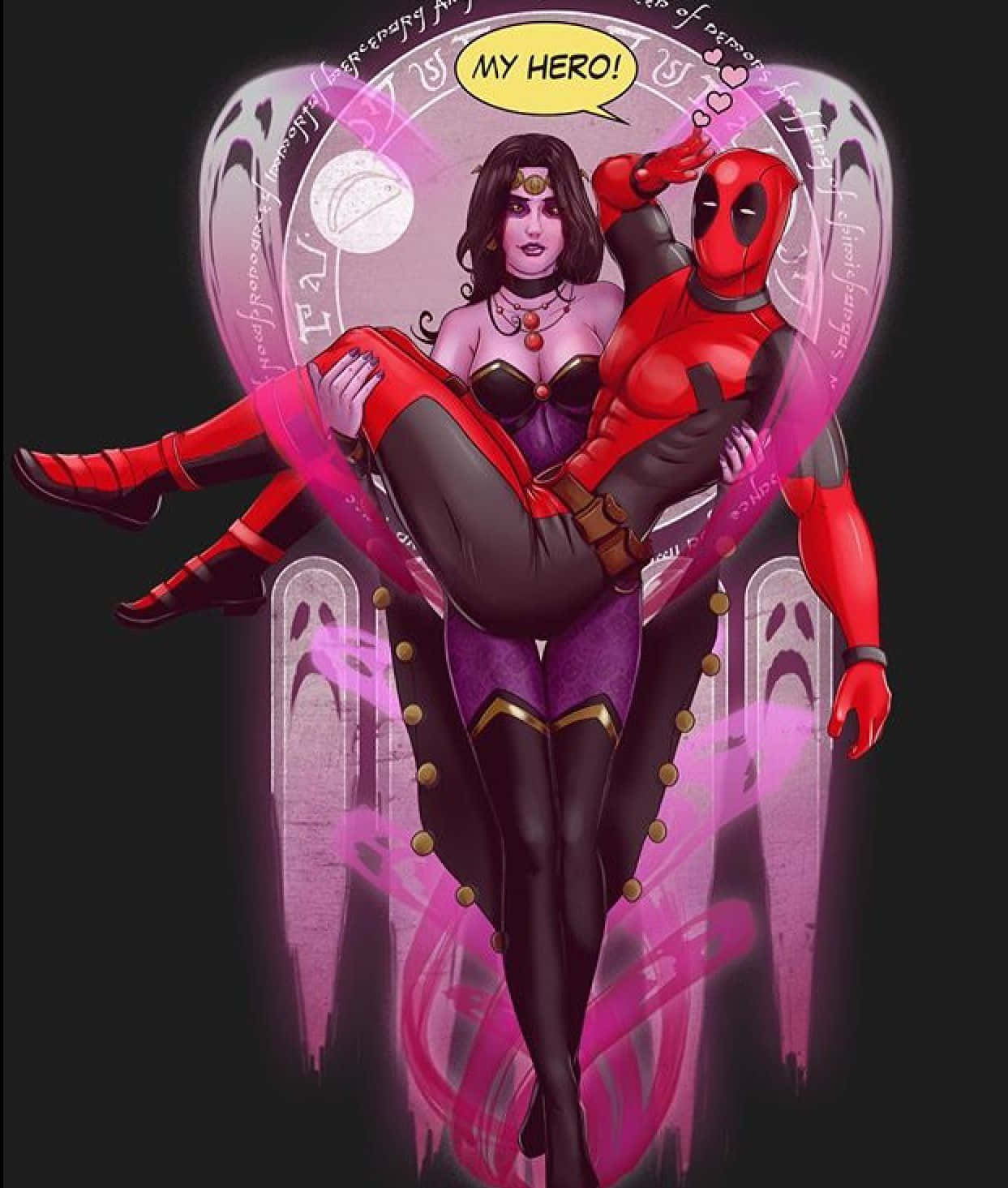 Deadpool And Domino 桌布 壁紙 — 死侍抱著一個穿著紫色衣服的女人，在魔法粉紅色光環中，對話框寫著我的英雄