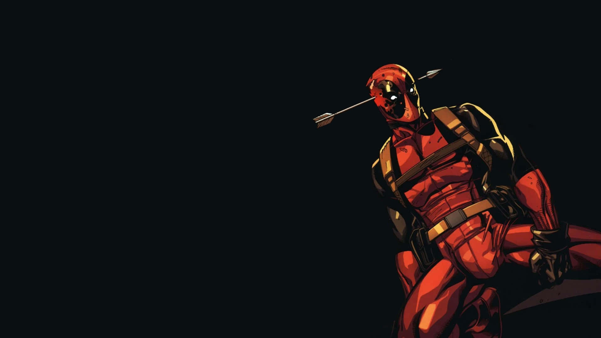 Black Deadpool 桌布 壁紙 — 死侍挑釁地站在黑色背景前，額頭上插著一支箭，發光的紅眼穿透黑暗。