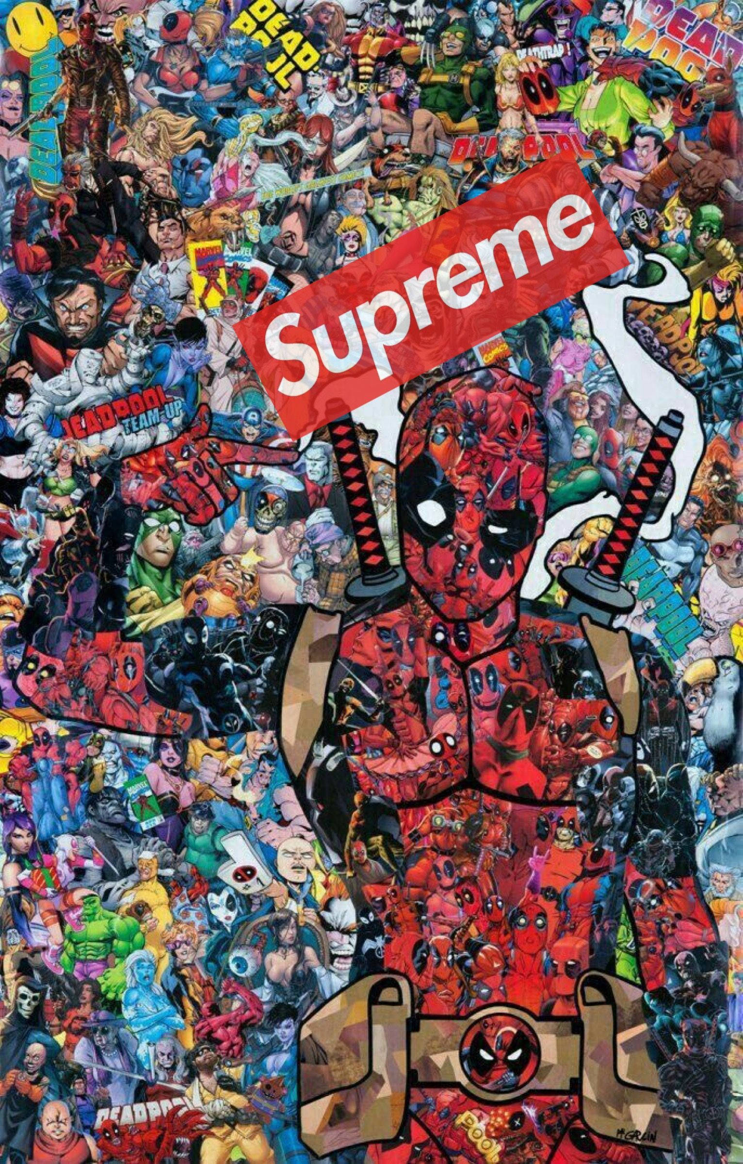 superhero supreme 桌布 壁紙 — 死侍揮舞劍刃並吸煙，被漫畫角色和「Supreme」品牌的混亂拼貼包圍。