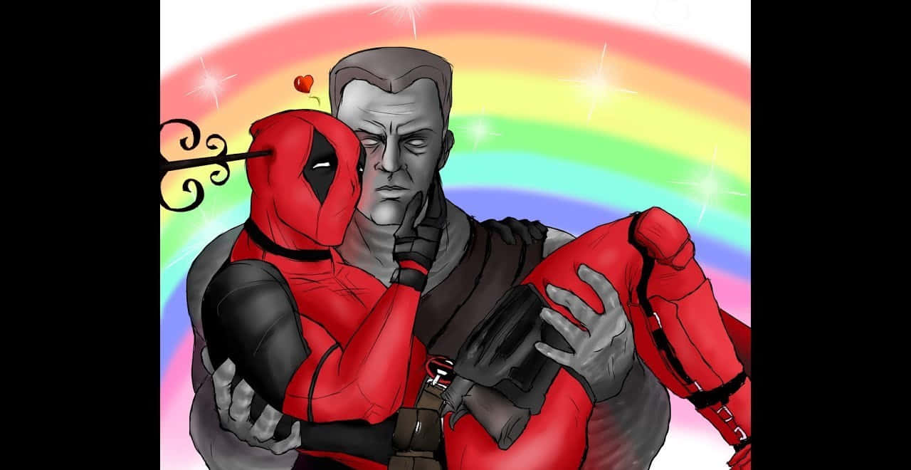 Deadpool And Colossus 桌布 壁紙 — 死侍擁抱一個嚴肅的男人，背景是閃閃發光的彩虹，他們頭頂上漂浮著一顆心。