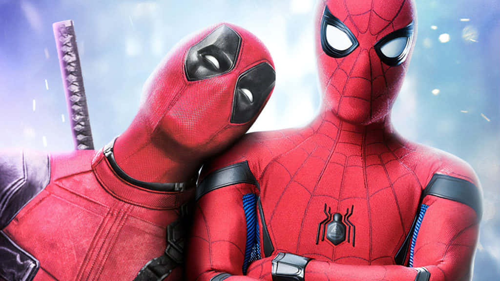 Deadpool And Spiderman 桌布 壁紙 — 死侍深情地靠在蜘蛛人身上，他們穿著標誌性的紅色戰衣，背景是明亮的藍天和漂浮的粒子。