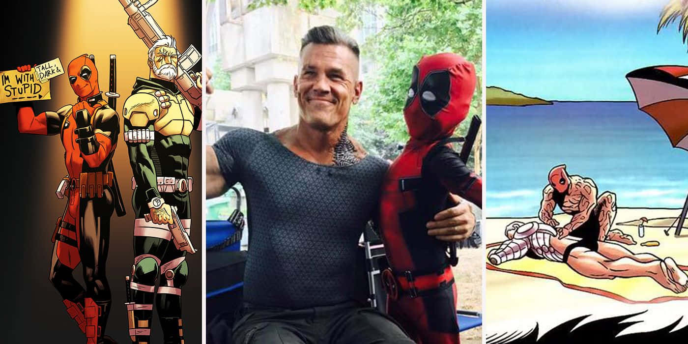 Deadpool And Cable 桌布 壁紙 — 死侍漫畫藝術面板，角色身穿紅色戰衣與演員萊恩雷諾斯擺姿勢，並在海灘上放鬆。