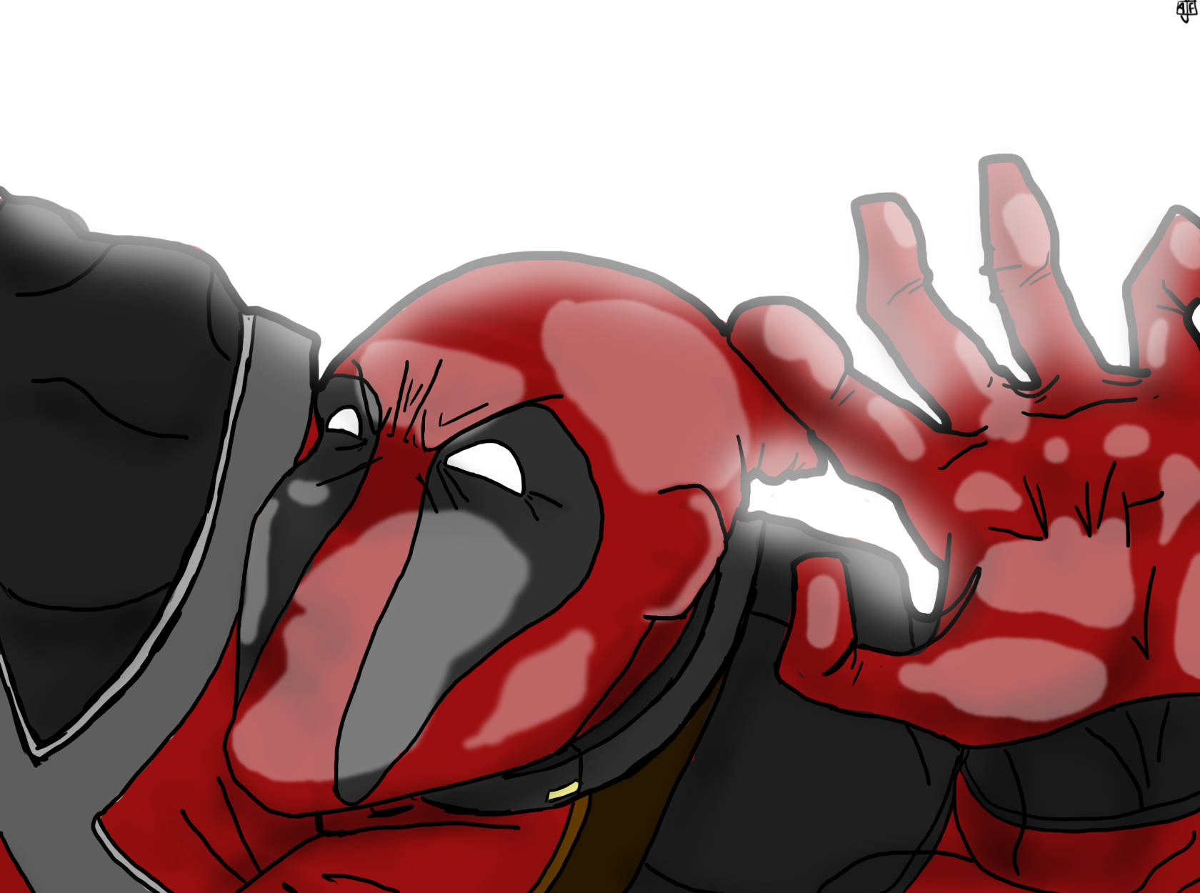 4K deadpool 桌布 壁紙 — 死侍的近距離插圖，一隻沾滿鮮血的手舉起，眼睛因震驚而睜大，背景為純白色。