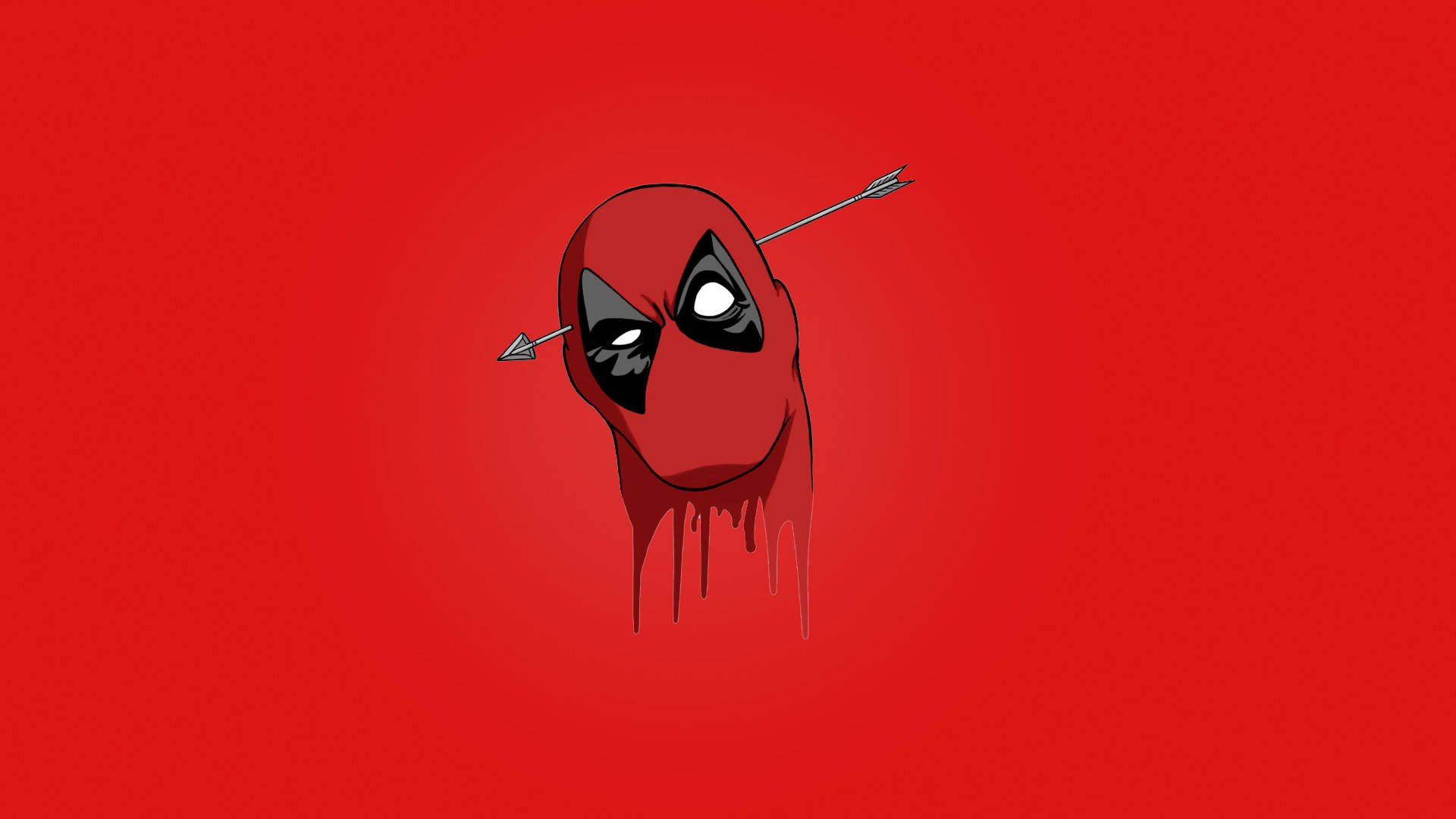 4K deadpool 桌布 壁紙 — 死侍的頭部被箭貫穿，在純紅色背景上滴下紅色液體。