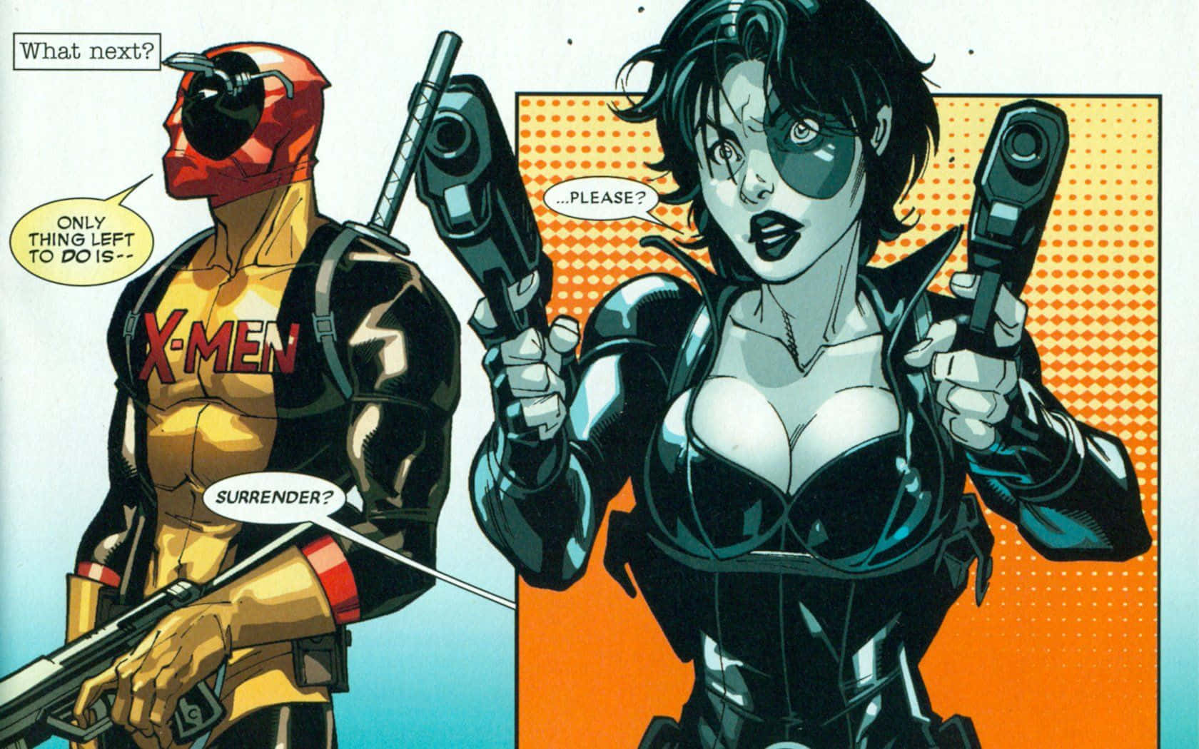 Deadpool And Domino 桌布 壁紙 — 死侍穿著X戰警服裝，手持槍支，面對一個持槍且眼神懇求的女性角色，背景為半色調橙色。