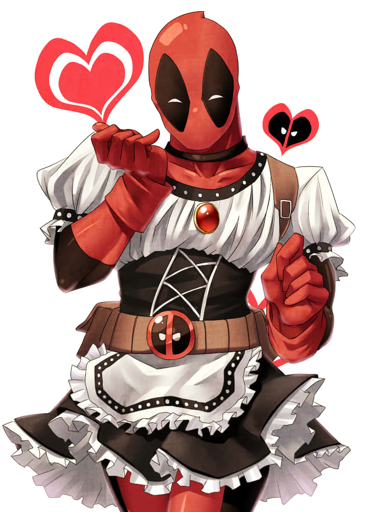 Deadpool Cartoon 桌布 壁紙 — 死侍穿著女僕裝，帶著頑皮的笑容拿著一個心形，周圍漂浮著心形。