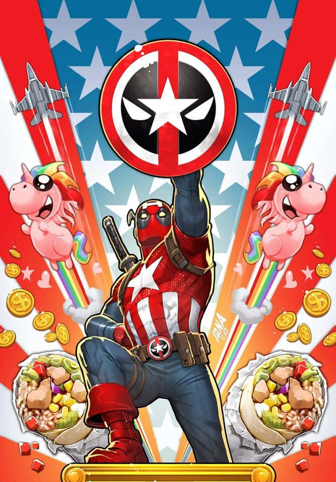 Deadpool Art 桌布 壁紙 — 死侍穿著愛國服裝，在星空背景下手持盾牌，兩旁有彩虹獨角獸和墨西哥卷餅。