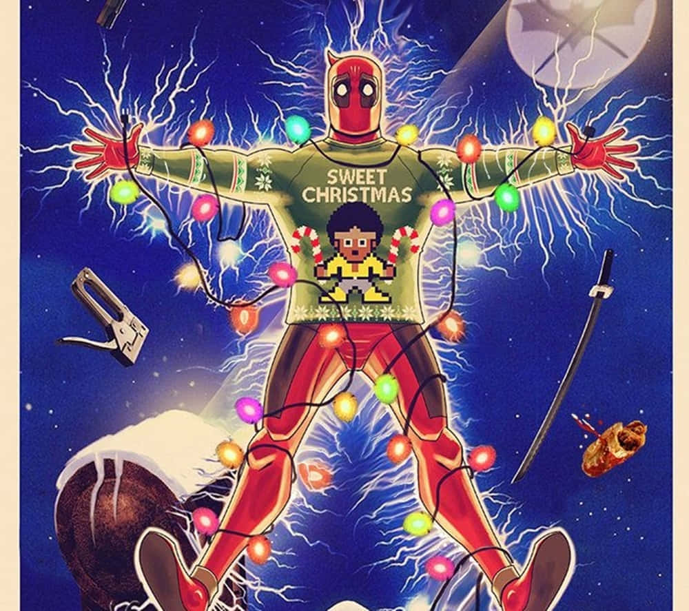 Marvel Christmas 桌布 壁紙 — 死侍穿著節日毛衣，在宇宙閃電和漂浮的節日道具中帶電站立。