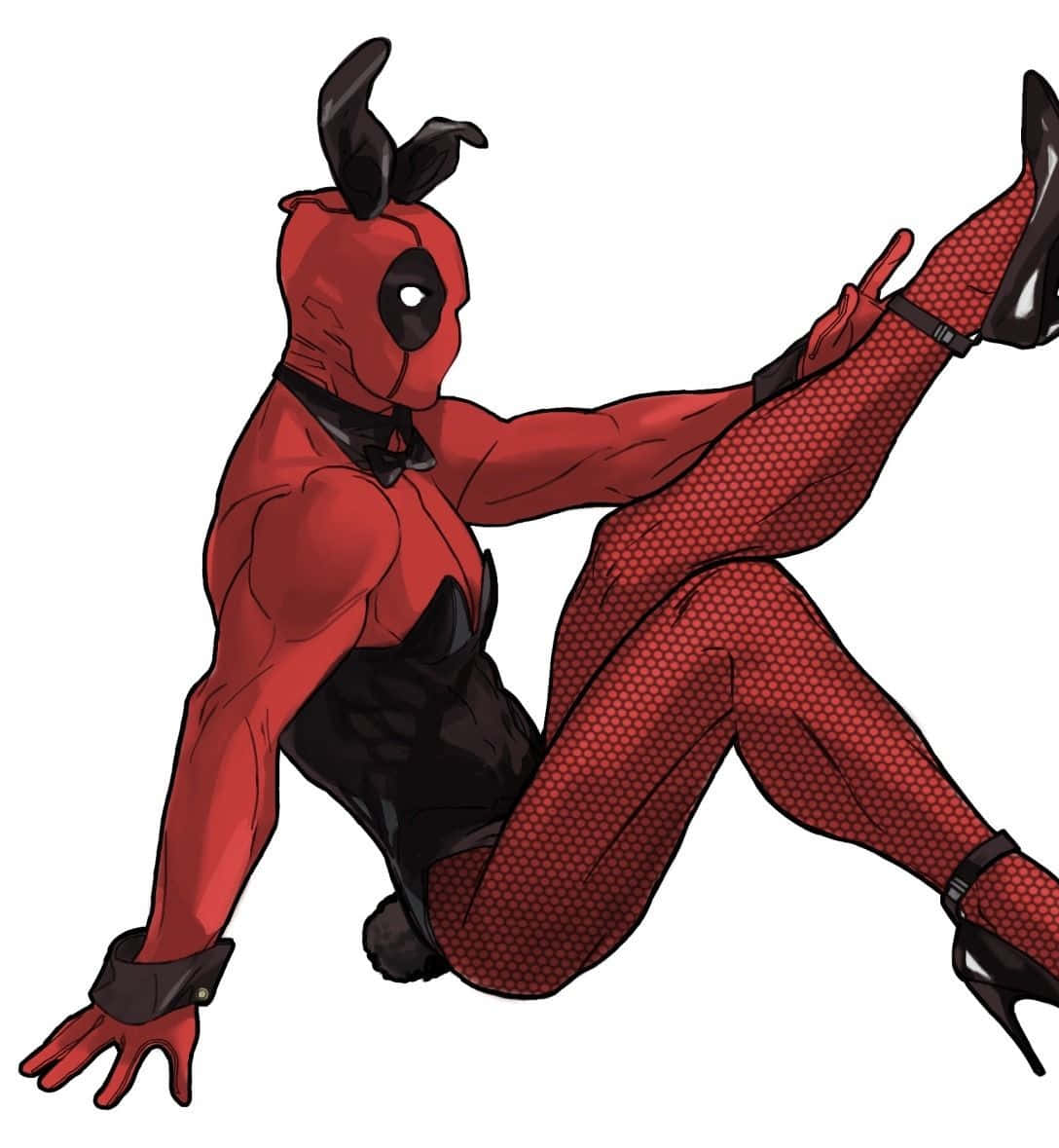 Deadpool Art 桌布 壁紙 — 死侍穿著紅黑兔子裝，腳踩高跟鞋，在白色背景前擺出俏皮姿勢。