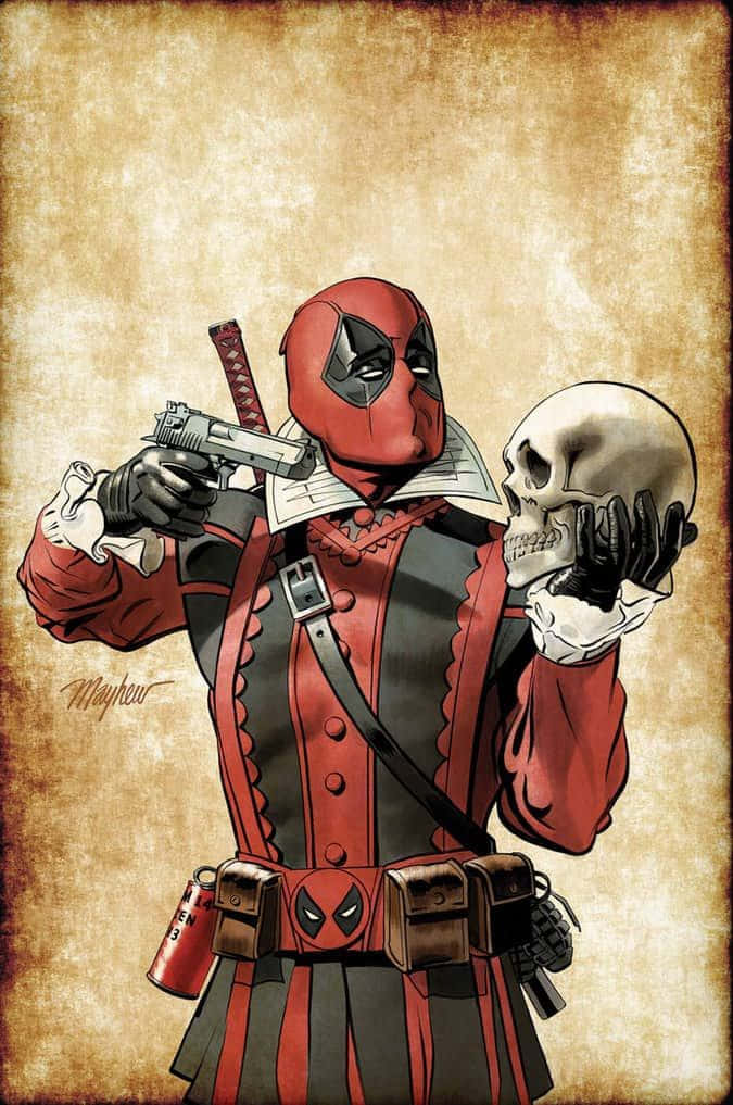 Deadpool Art 桌布 壁紙 — 死侍穿著紅黑小丑服，在紋理羊皮紙背景上手持槍支和頭骨。