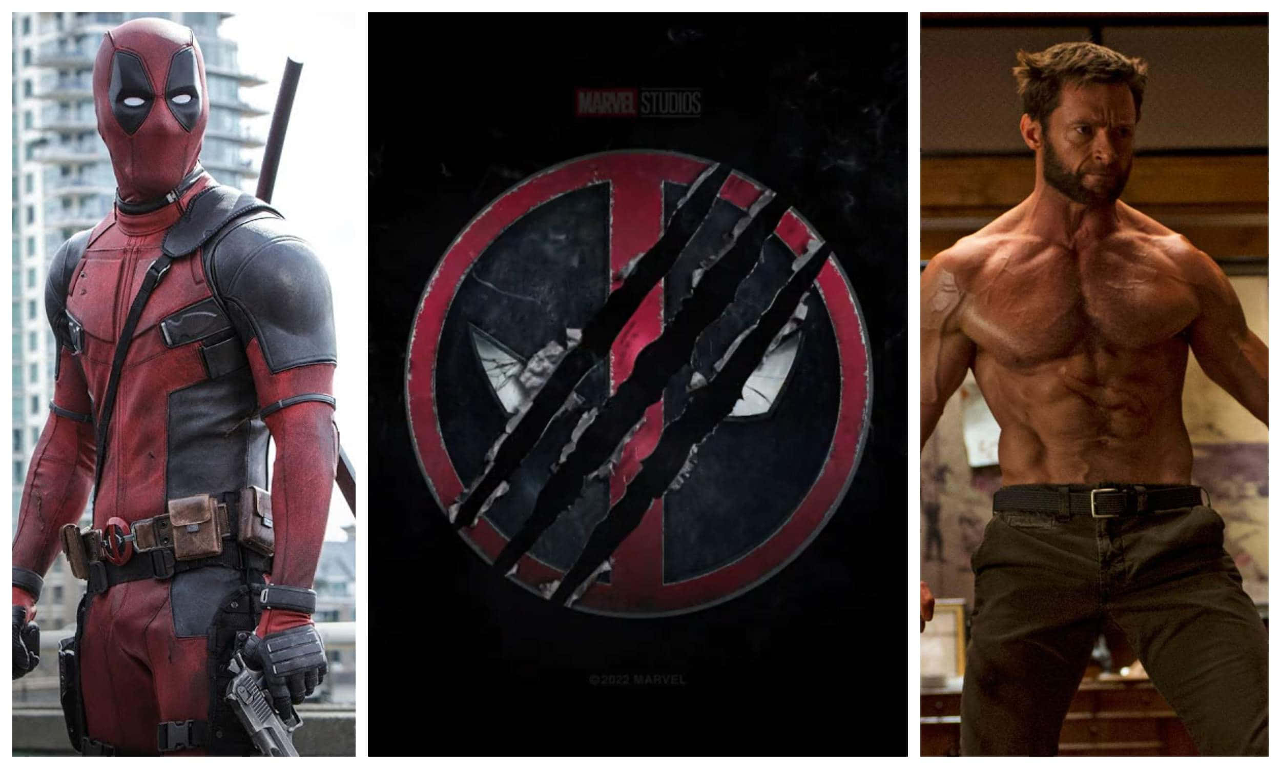 Deadpool And Wolverine 桌布 壁紙 — 死侍站在城市景觀中，旁邊是死侍標誌和赤裸上身的金鋼狼，在粗糙的室內環境中。