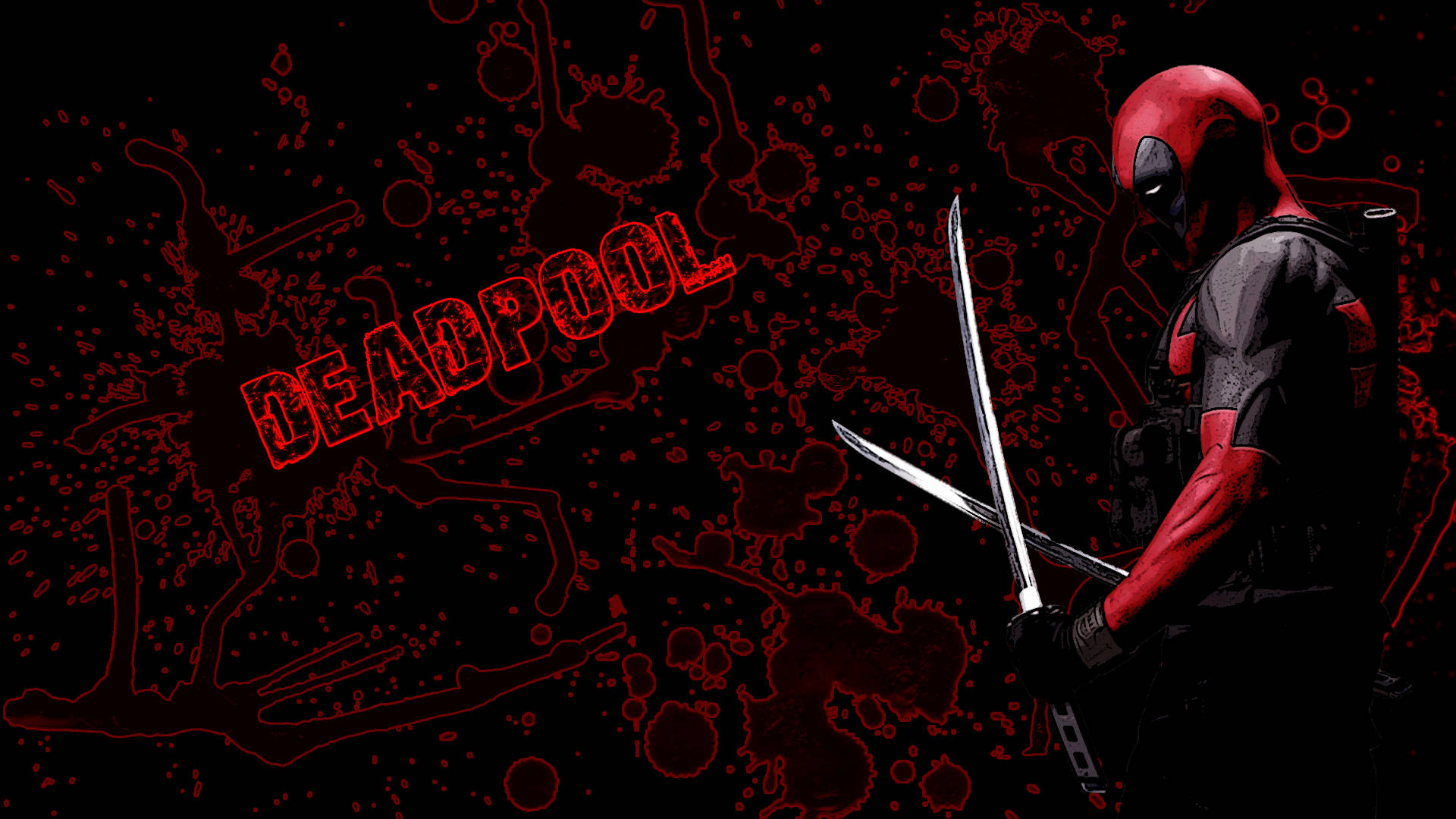 4K deadpool 桌布 壁紙 — 死侍站在深紅色潑濺背景中，手持兩把劍，他的名字以粗體紅色塗鴉風格呈現。