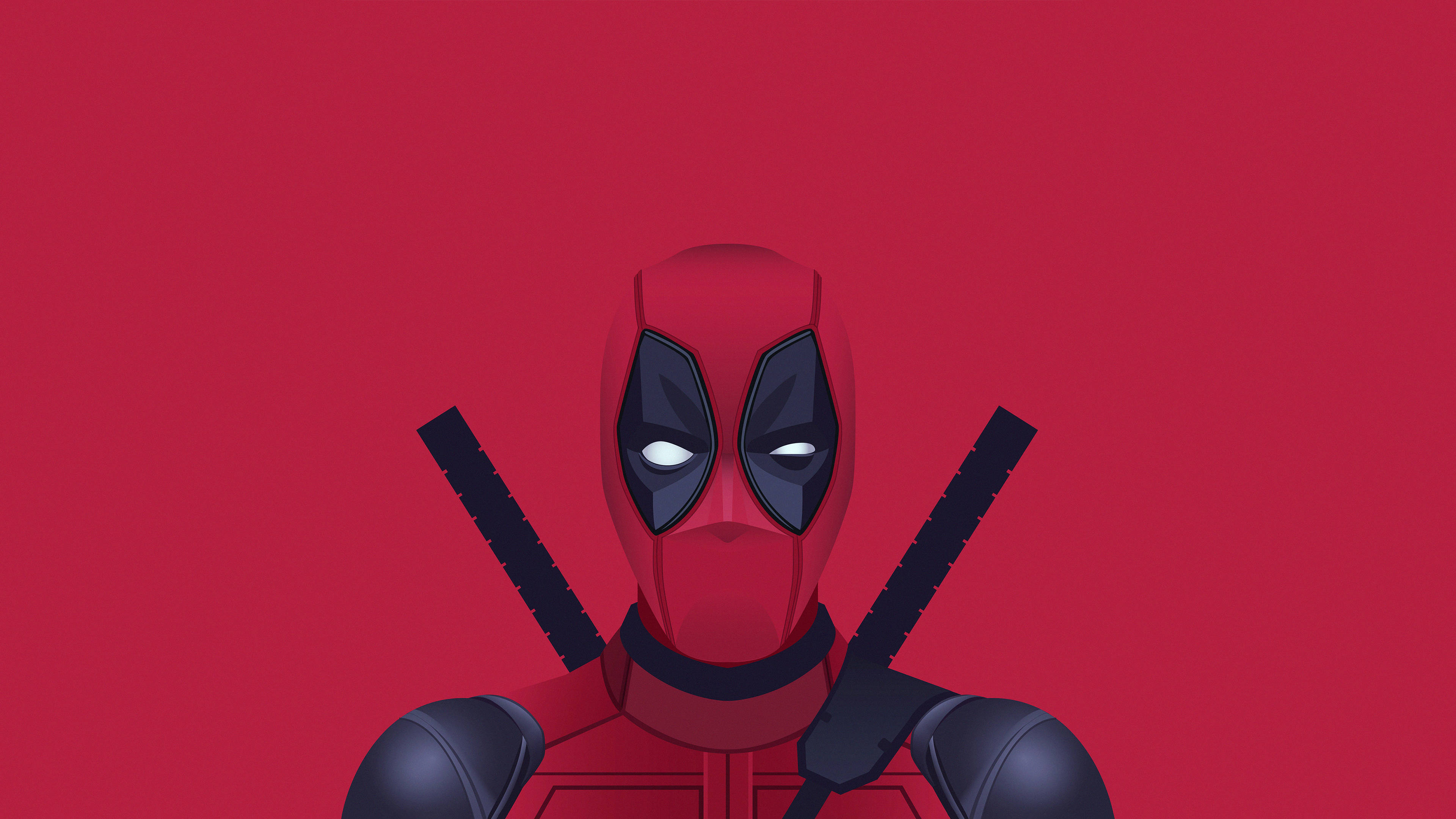 4K deadpool 桌布 壁紙 — 死侍站在純紅色背景中央，兩把武士刀交叉在肩膀上。