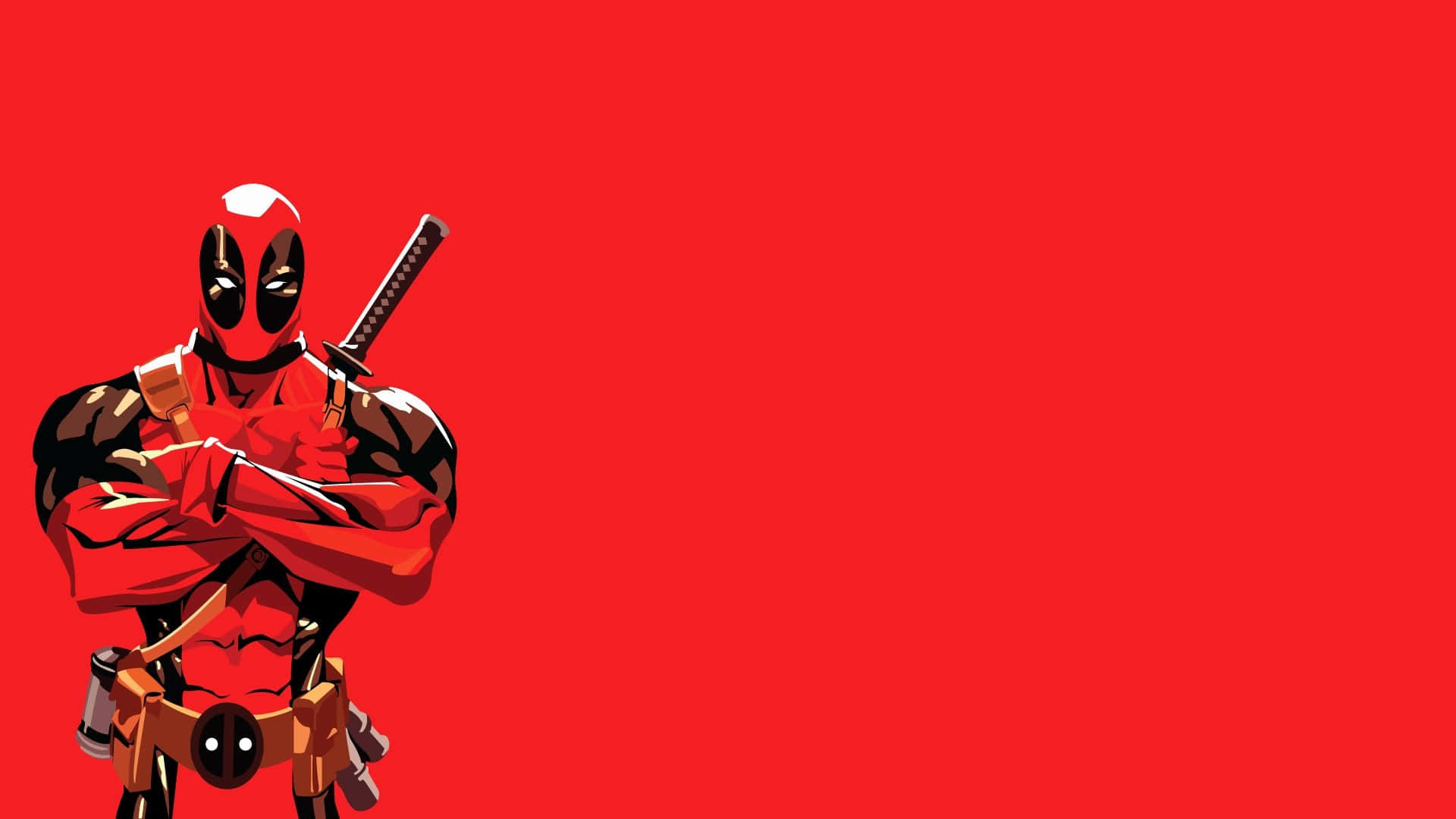 死侍 桌布 壁紙 — 死侍自信地交叉雙臂，站在純紅色背景前，肩上扛著一把武士刀。