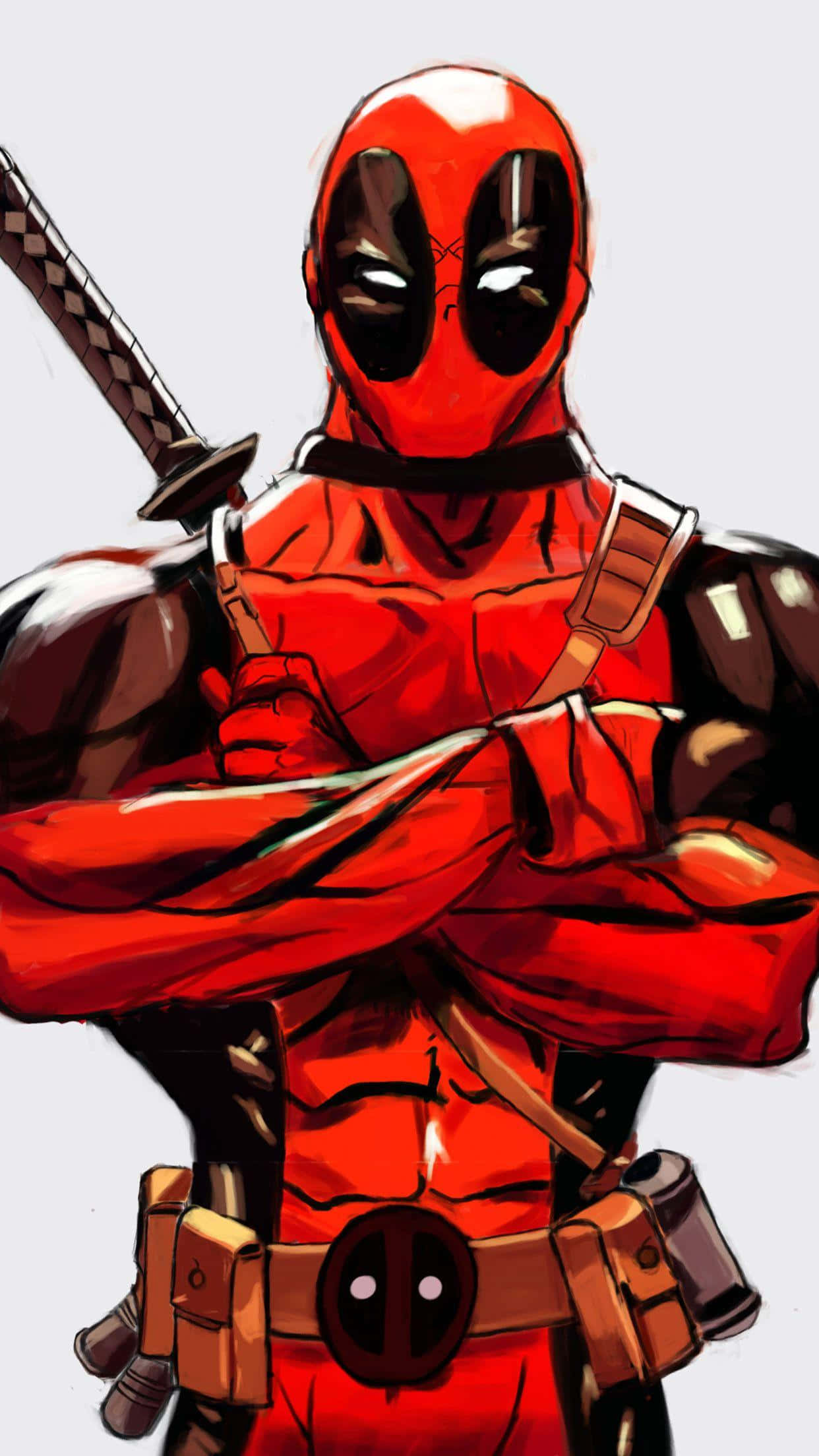 Deadpool 2 桌布 壁紙 — 死侍自信地交叉雙臂，肩上扛著武士刀，身穿大膽的紅黑戰衣。