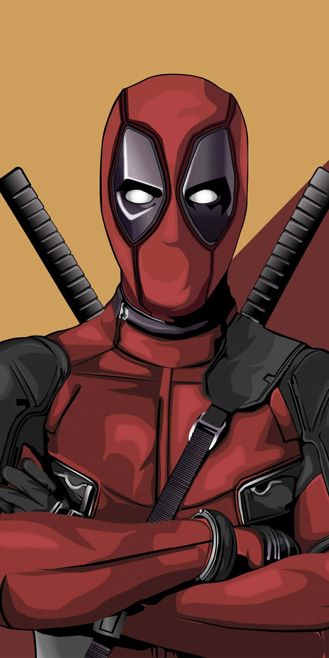 Deadpool Art 桌布 壁紙 — 死侍自信地交叉雙臂，背上兩把武士刀，背景是溫暖的橙色。
