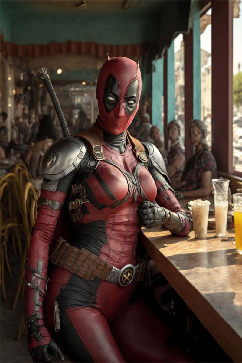 Lady Deadpool 桌布 壁紙 — 死侍自信地坐在陽光普照的咖啡廳桌子旁，享用飲料，身穿標誌性的紅黑戰衣，手持一把劍。