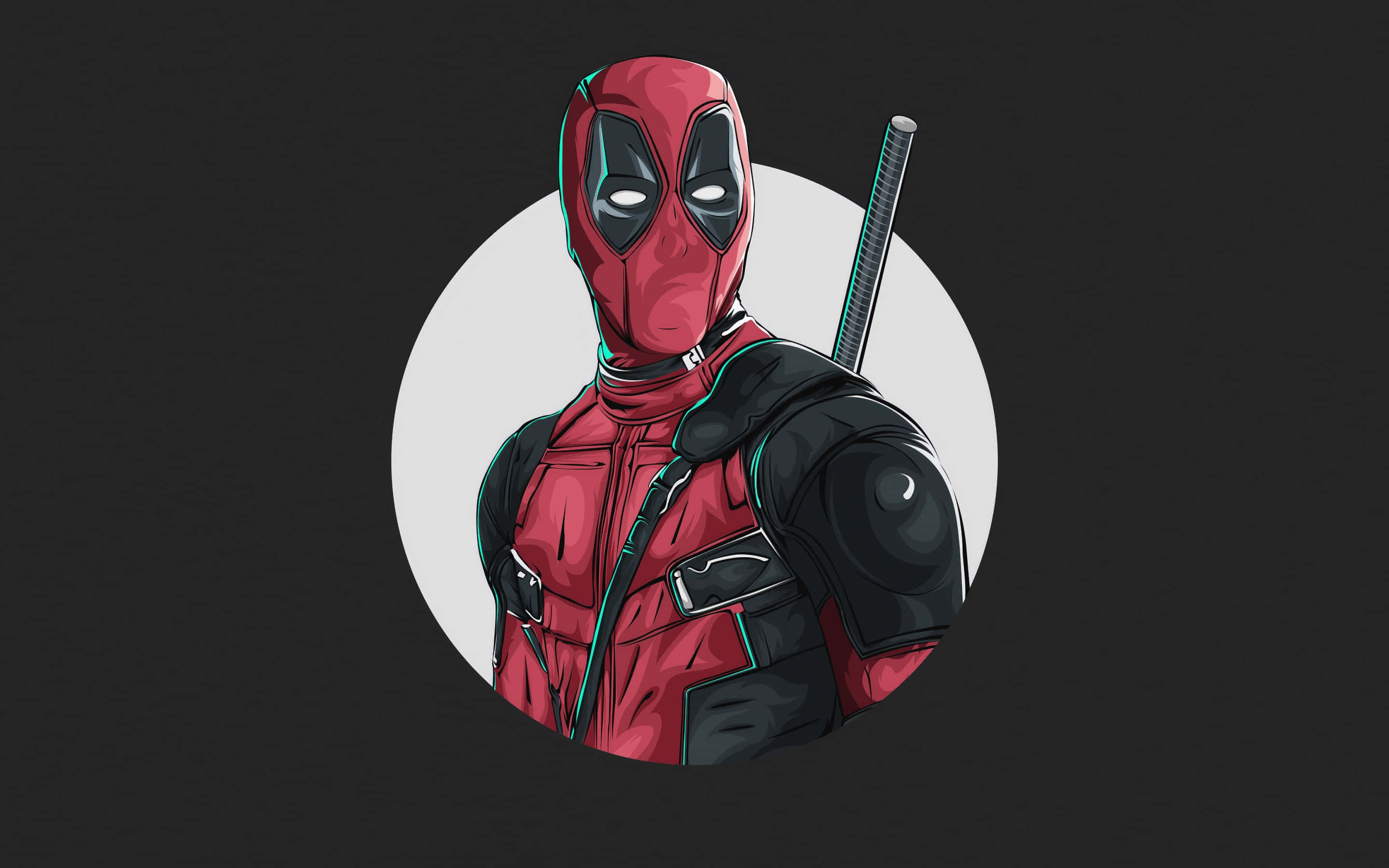 Deadpool Free 桌布 壁紙 — 死侍自信地穿著他標誌性的紅黑戰衣，在黑暗背景中手持武士刀，並有一道白色圓形聚光燈照射。