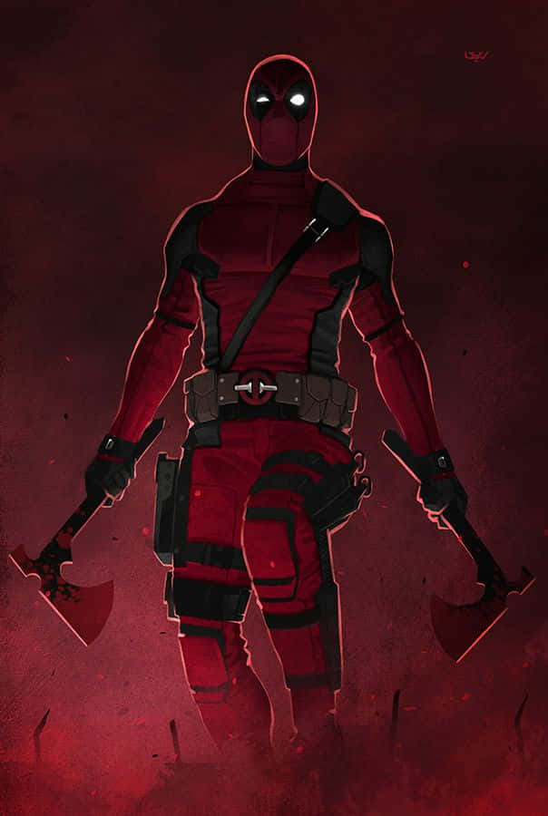Deadpool Art 桌布 壁紙 — 死侍自信地穿著他標誌性的紅黑戰衣，在深紅色的背景下手持兩把沾滿鮮血的斧頭。