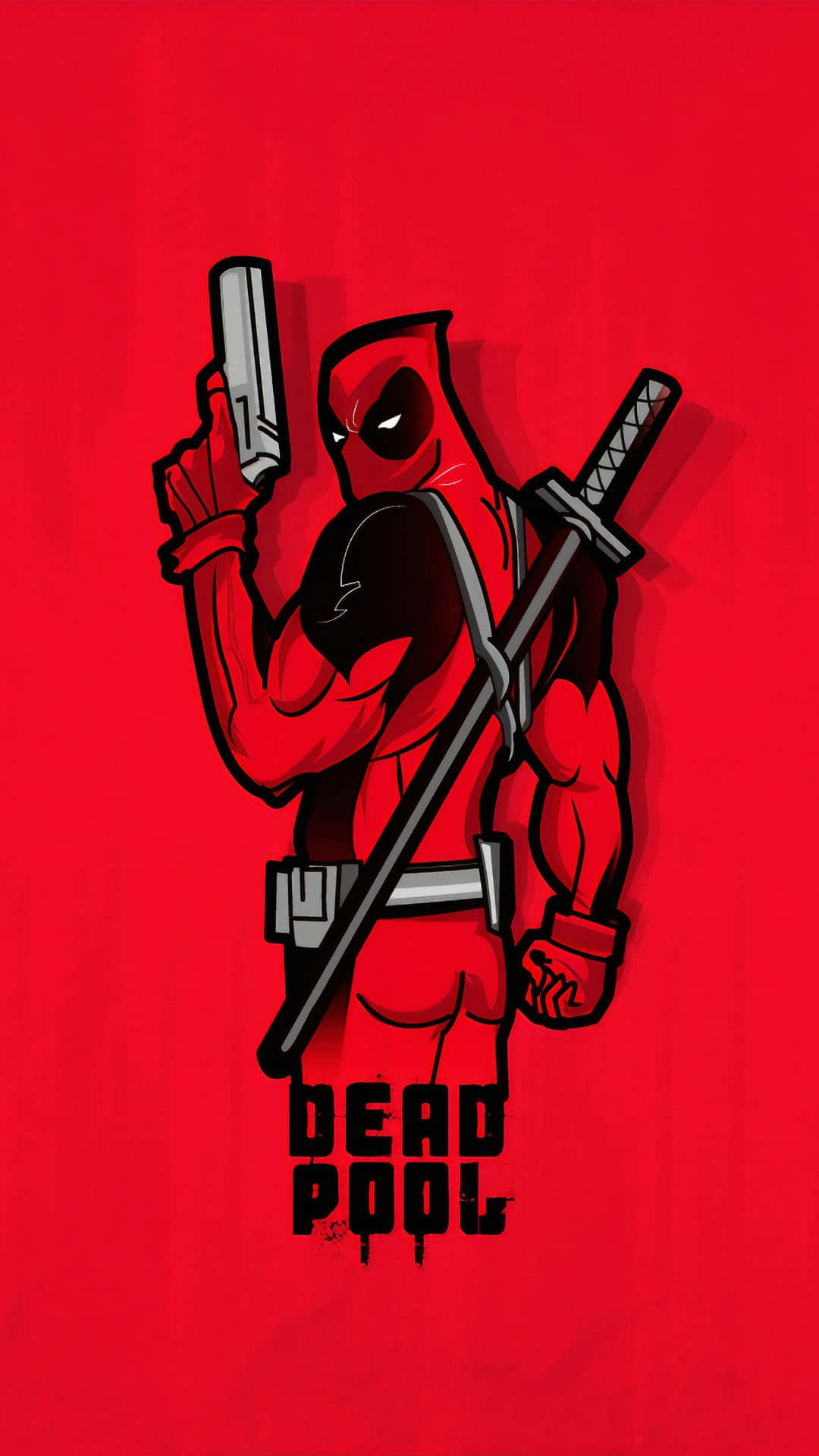 死侍 桌布 壁紙 — 死侍自信地穿著紅色衣服，手持槍和武士刀，背景為純紅色，下方有他的名字。