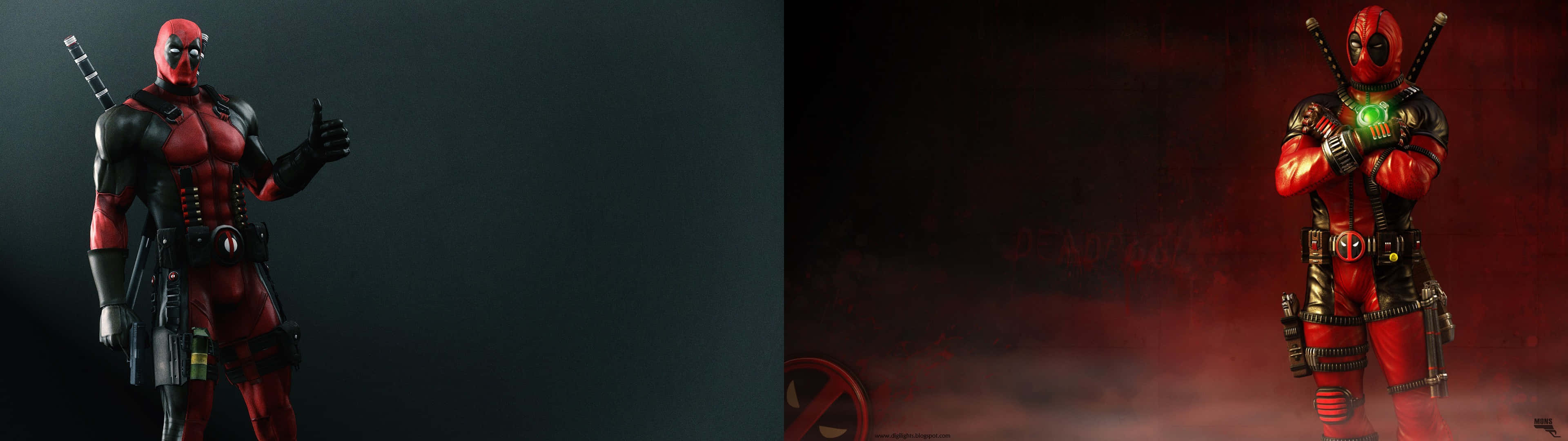 3840 X 1080 Gaming 桌布 壁紙 — 死侍自信地穿著紅黑戰衣，在陰暗氣氛的背景中手持發光綠色武器。