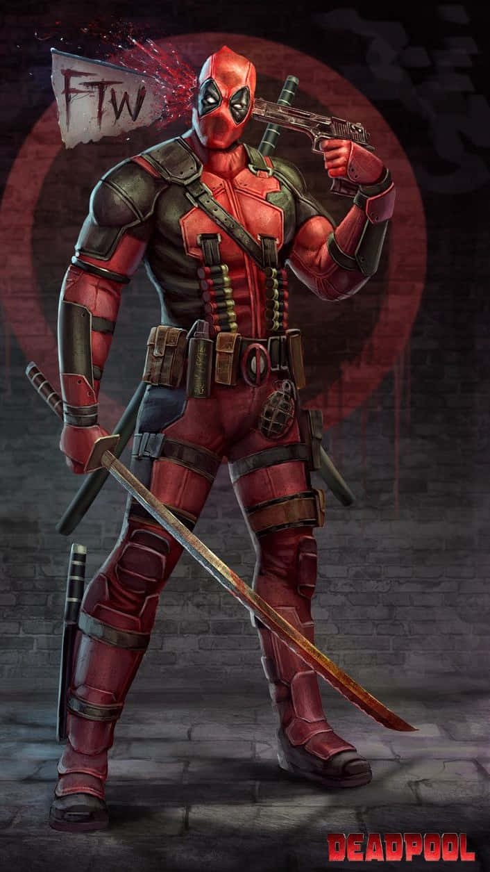 Deadpool Cartoon 桌布 壁紙 — 死侍自信地穿著紅黑戰衣，手持槍和劍，背景是磚牆，上面有靶心和「FTW」標誌。