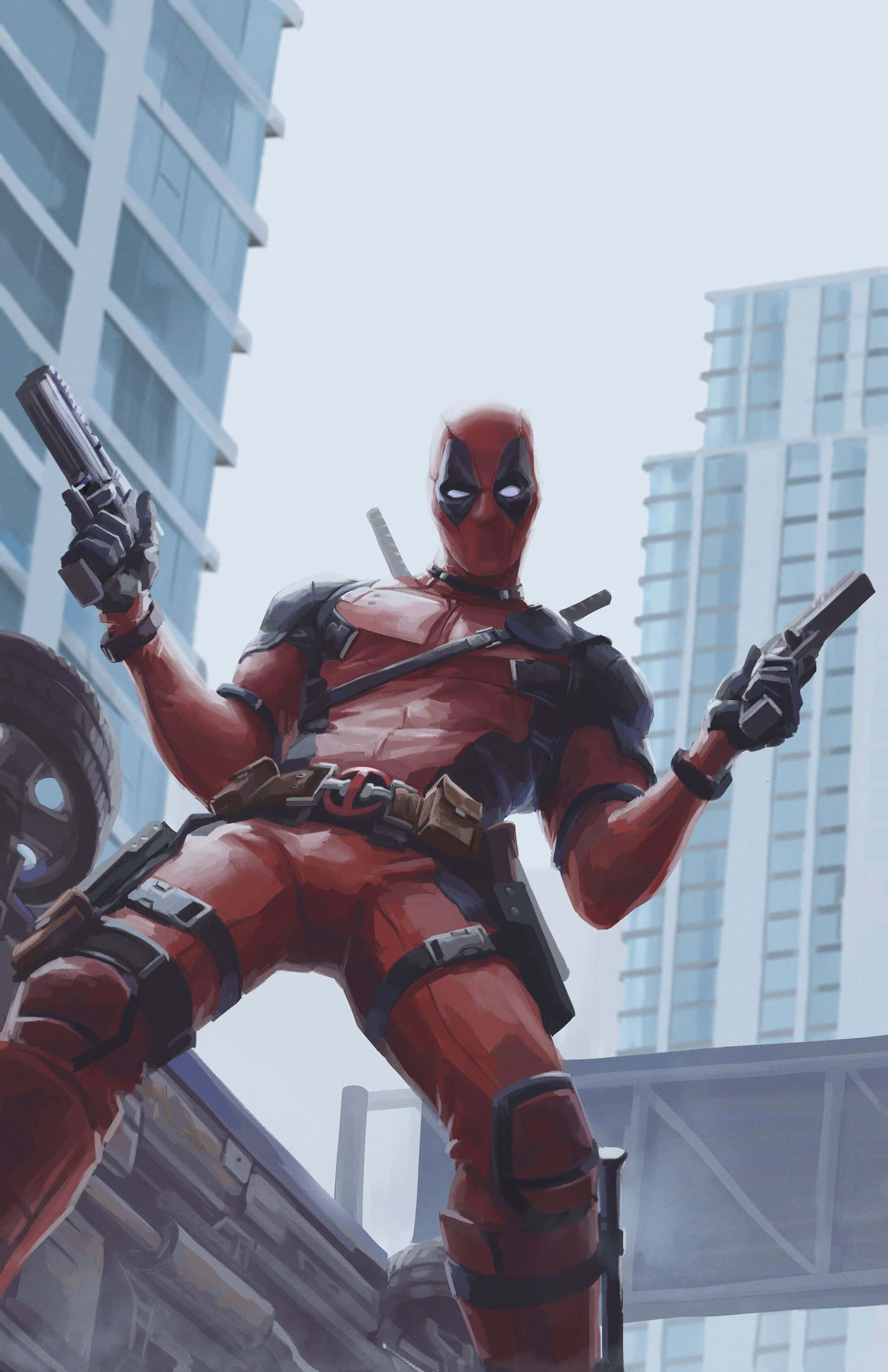 Deadpool Art 桌布 壁紙 — 死侍自信地站在城市景觀的屋頂上，手持兩把手槍，身穿大膽的紅黑套裝。