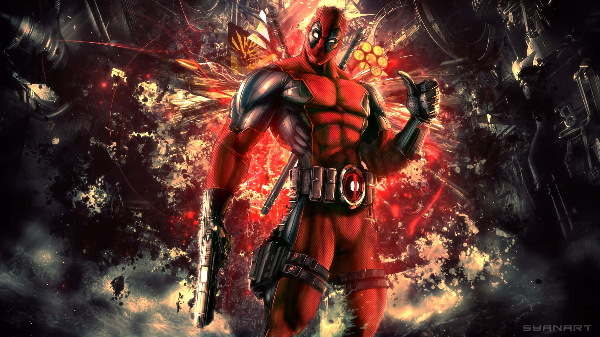 Comics 桌布 壁紙 — 死侍自信地站在火焰爆炸中，豎起大拇指，武器準備就緒。